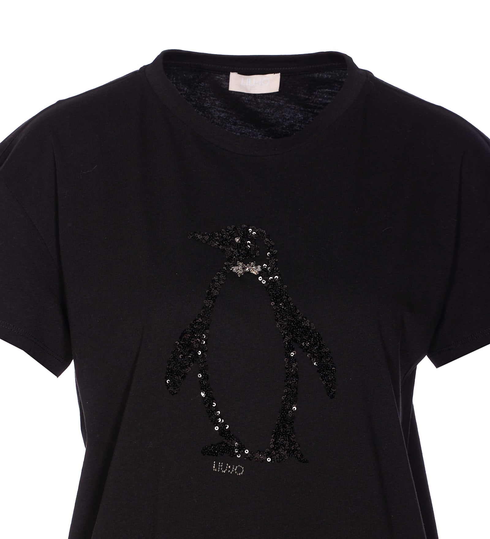 Liu •jo Crewneck Graphic Sequin Embellished T-shirt In Black