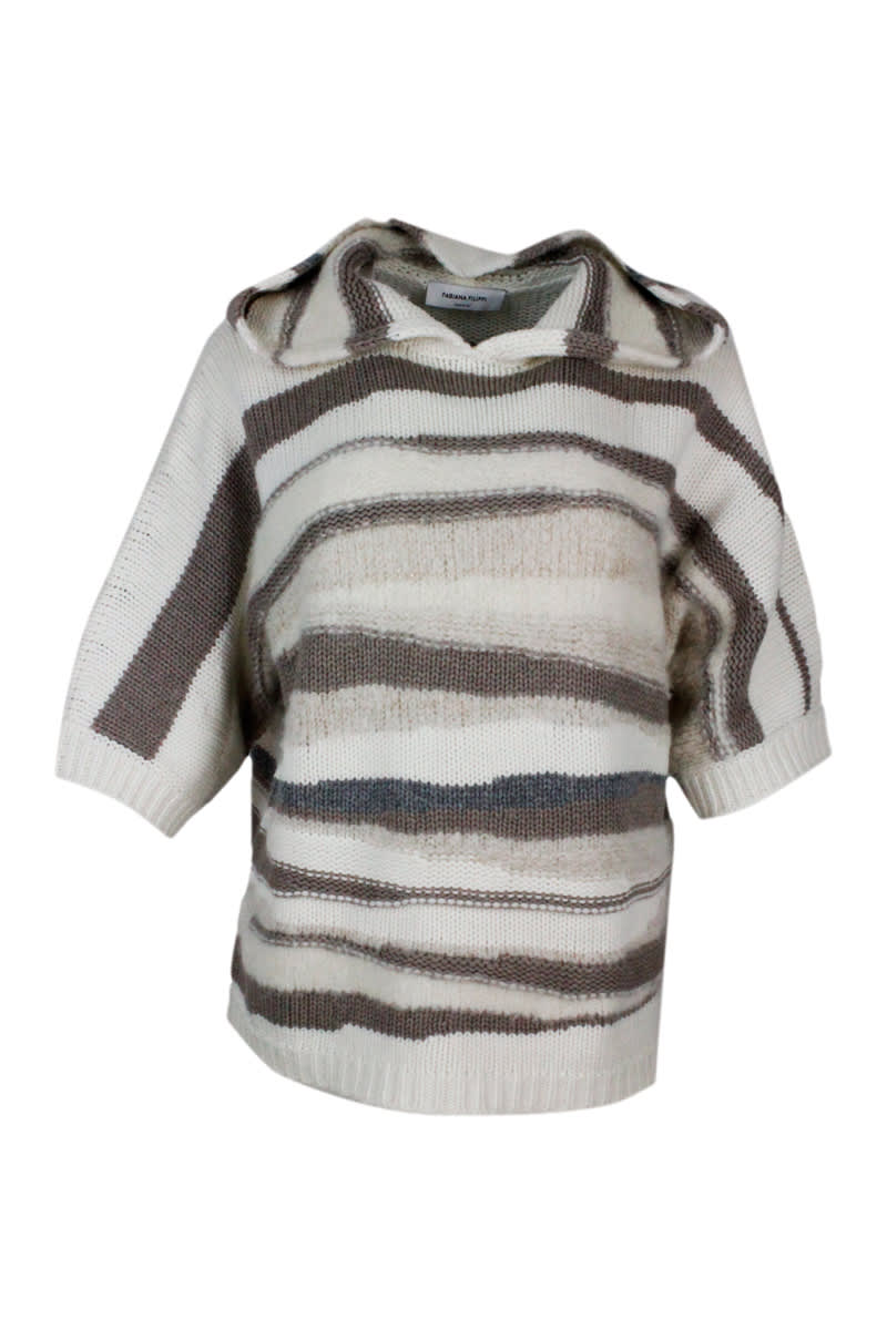 Fabiana Filippi Short-sleeved Hooded Sweater In Platinum And Mohair Yarn Embellished With Irregular Stripes And Lurex Threads