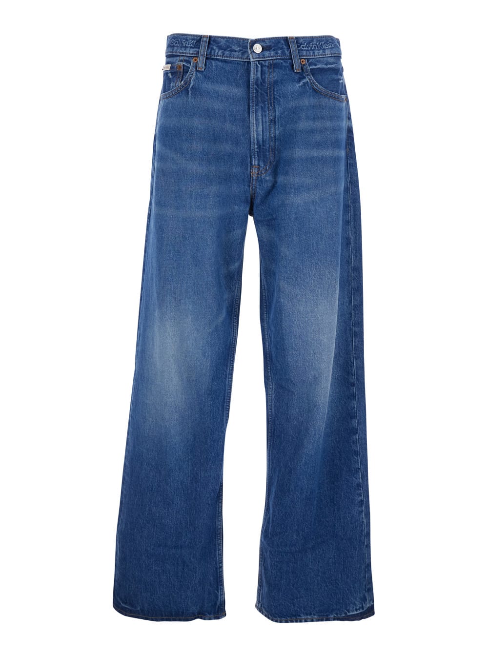 Calvin Klein Blue Jeans With Wide Leg And Logo Patch On The Rear In Denim Man