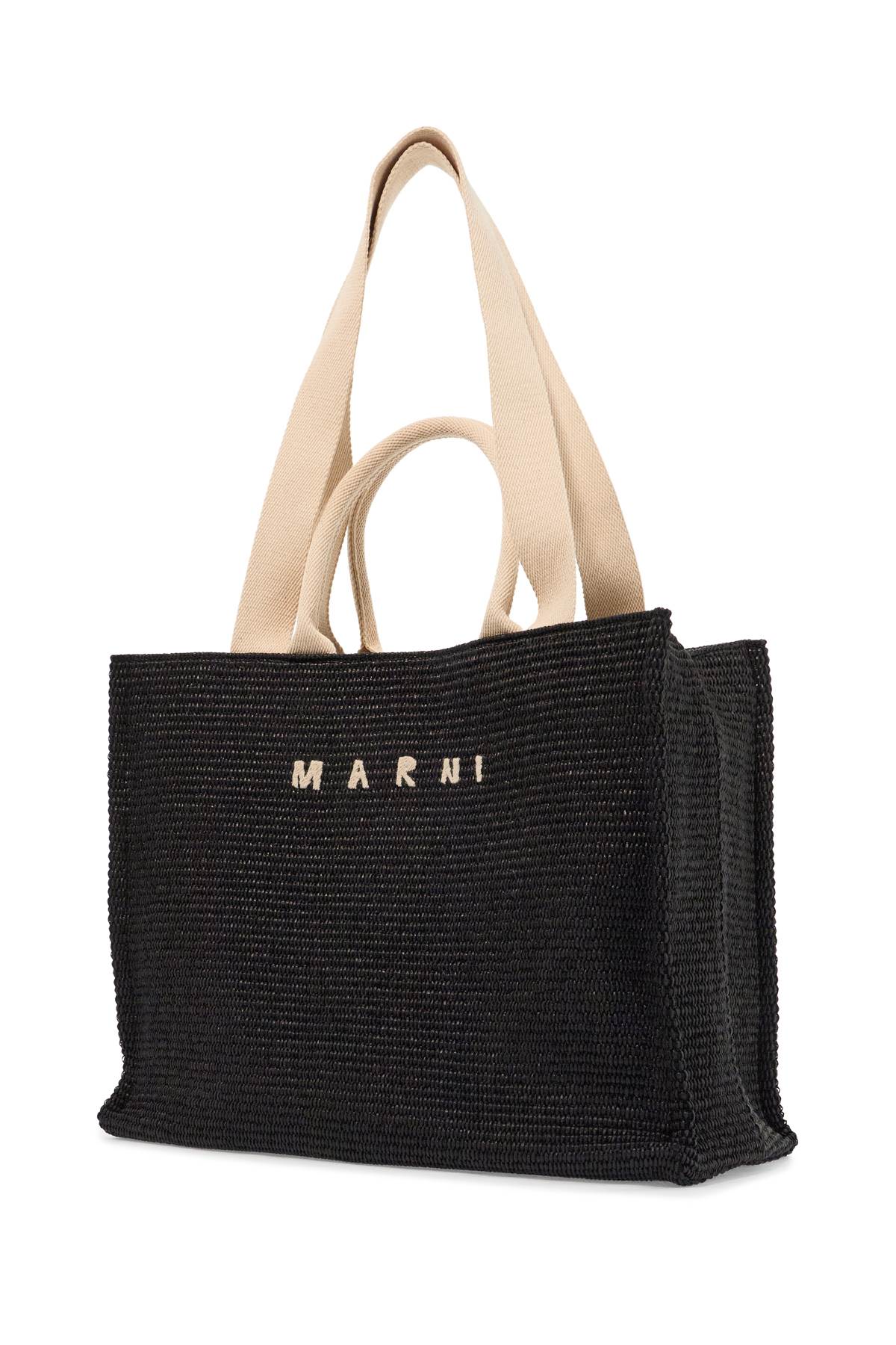 Shop Marni Fabric Rafia Effect Shopping Bag In Black/natural