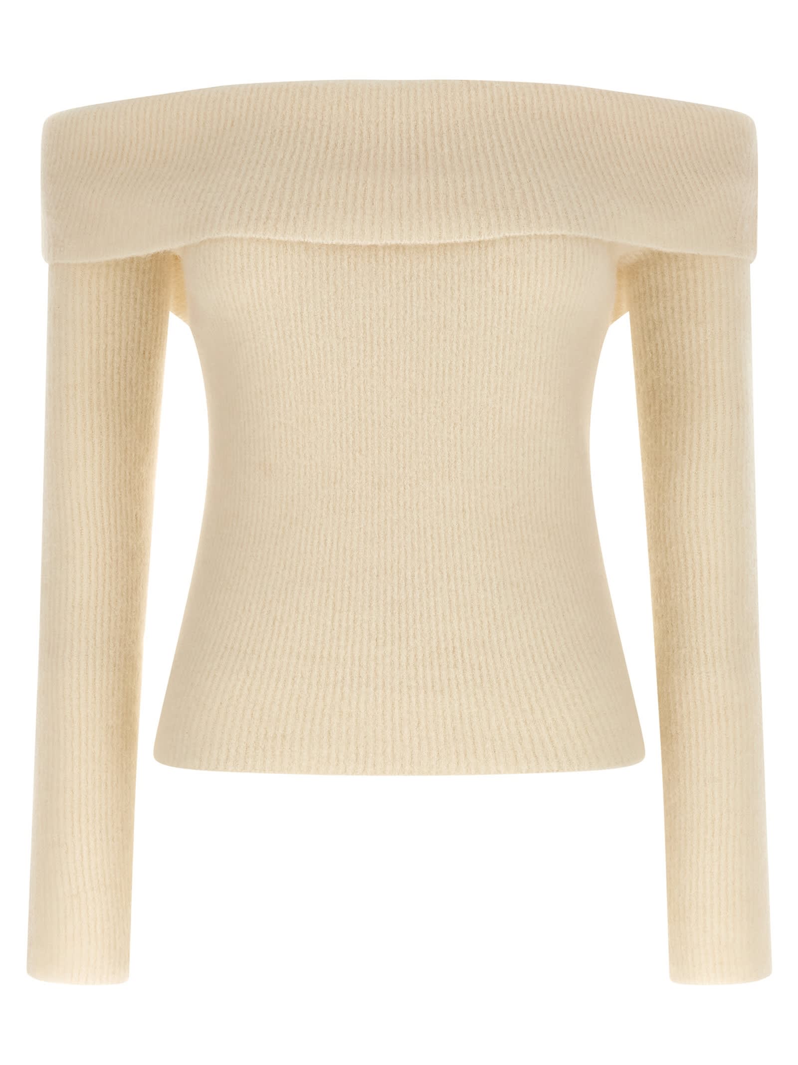 Rick Owens Long Sleeve Off Shoulder Knit Sweater In White