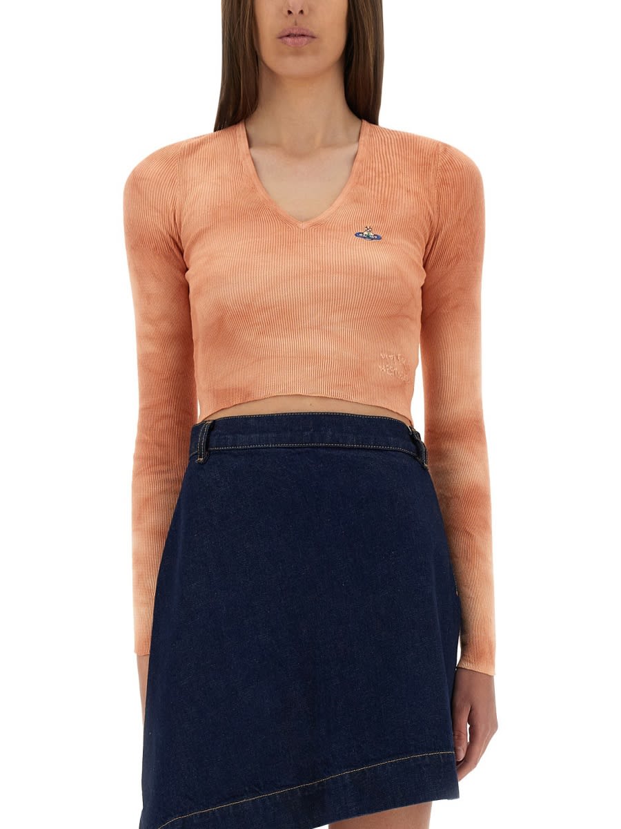 Vivienne Westwood Cropped Ribbed V-neck Slim Fit Top In Orange