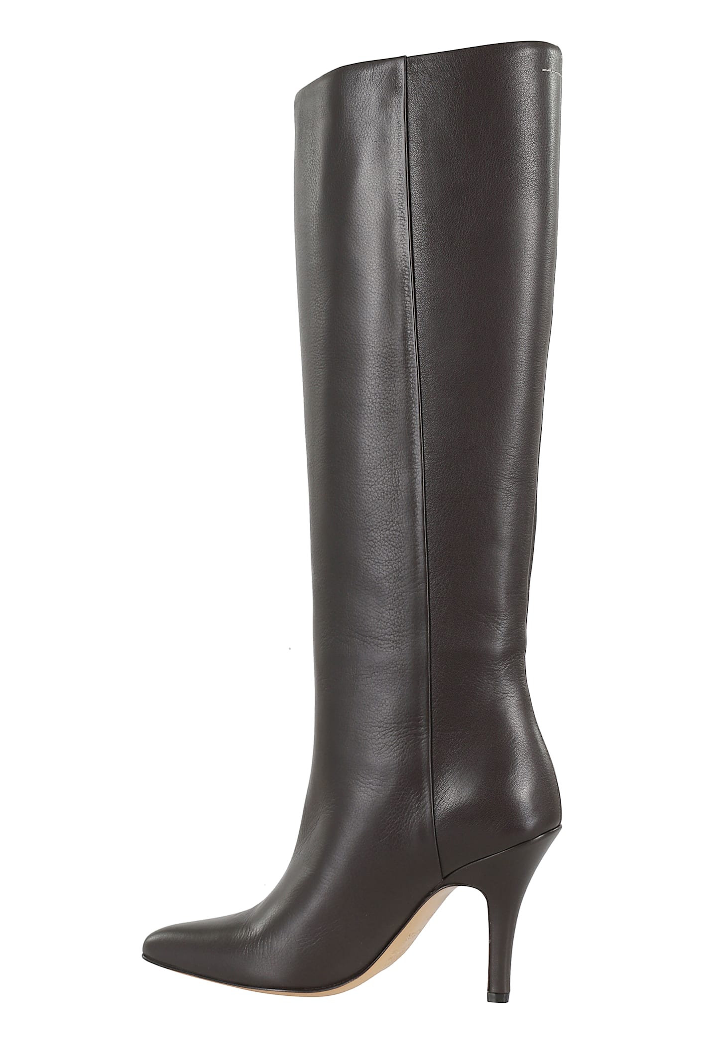 Mm6 Maison Margiela Mm6 By Maison Margiela Pointed Toe Knee-high Boot With White Stitch Detail In Black