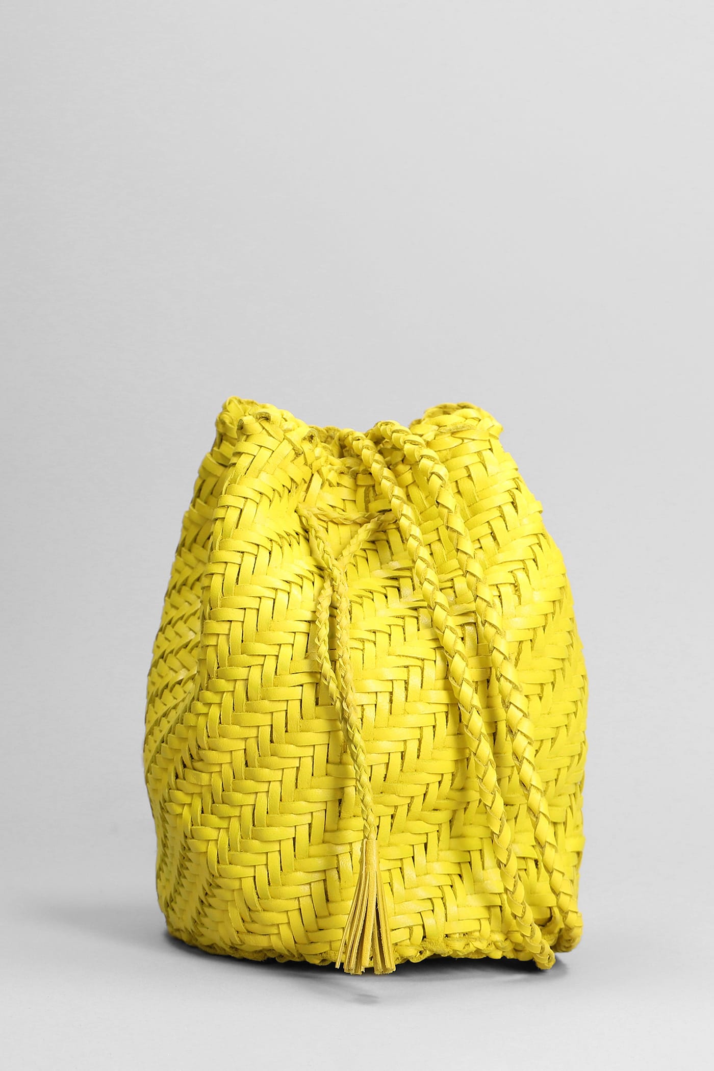 DRAGON DIFFUSION POMPOM DOUBLE JUMP SHOULDER BAG IN YELLOW LEATHER