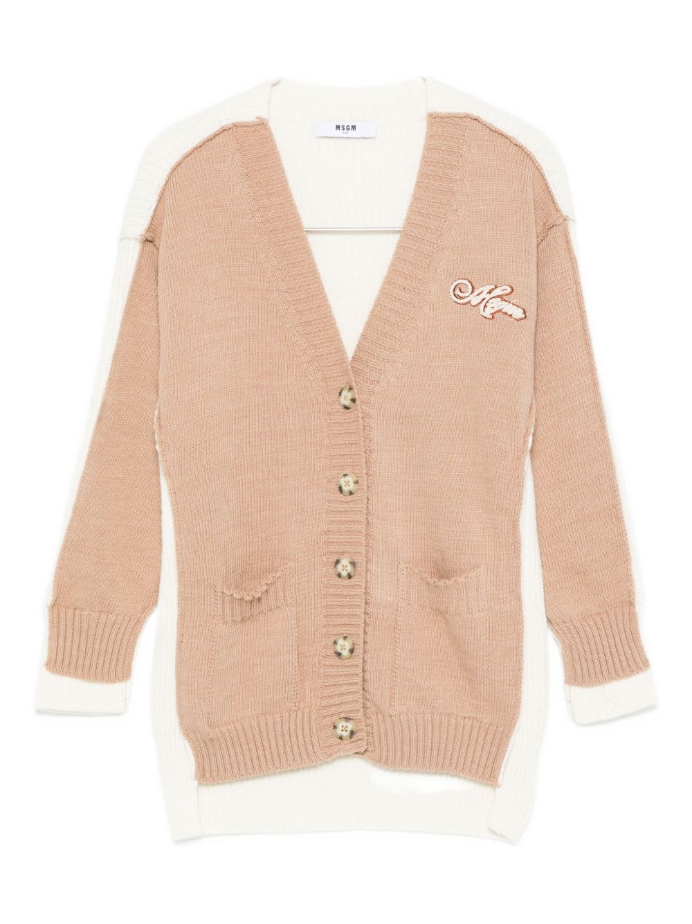 Msgm Kids Two-tone Cardigan With Embroidery In Neutral