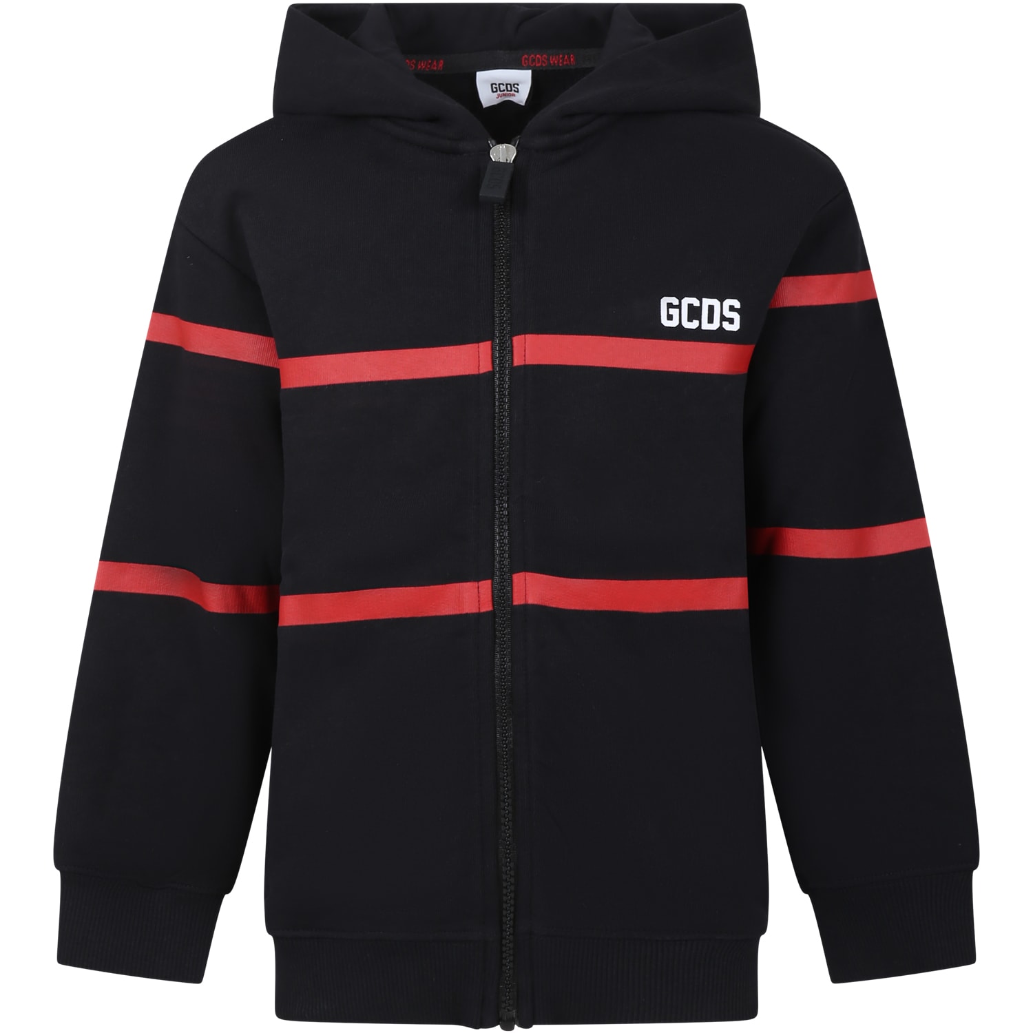 Gcds Mini Black Sweatshirt For Kids With Stripes And Logo