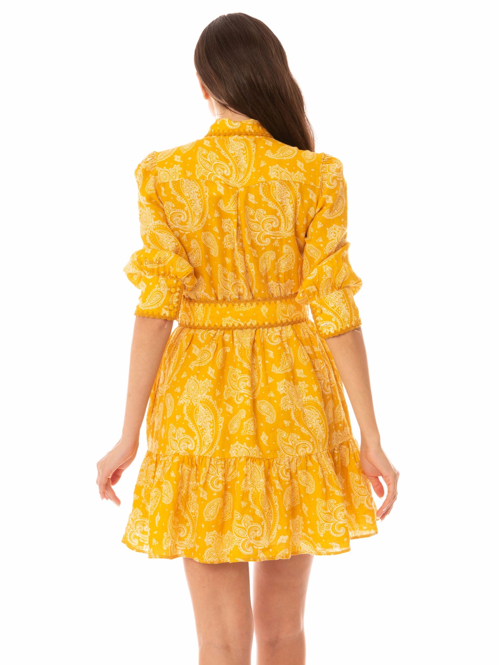 Shop Mc2 Saint Barth Paisley Print Linen Short Dress Daisi In Yellow