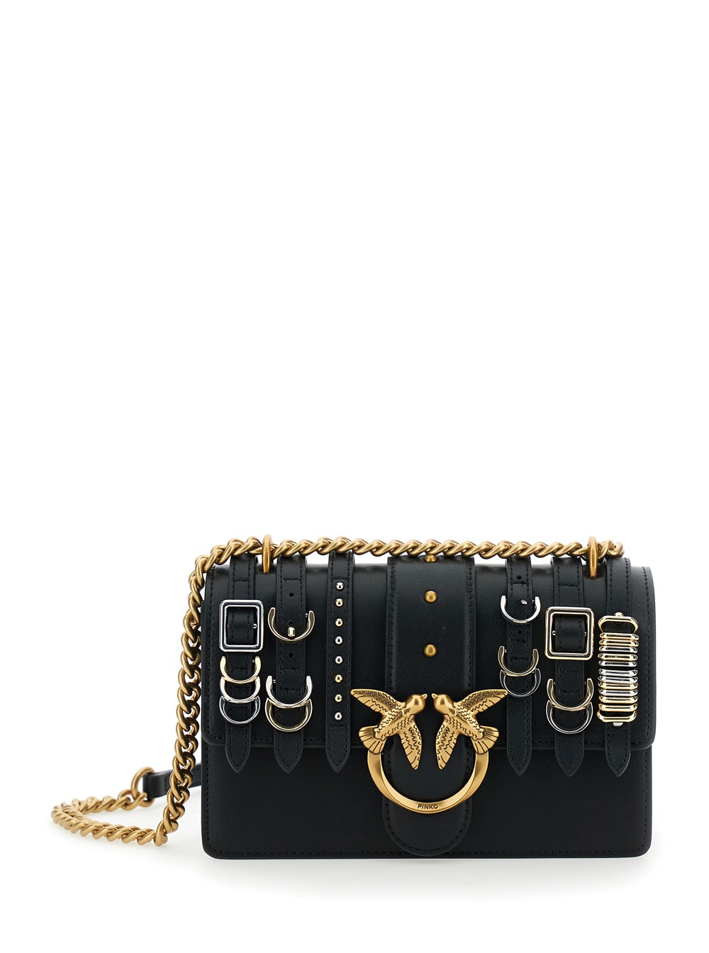 Pinko Love Leather Shoulder Bag With Straps In Black