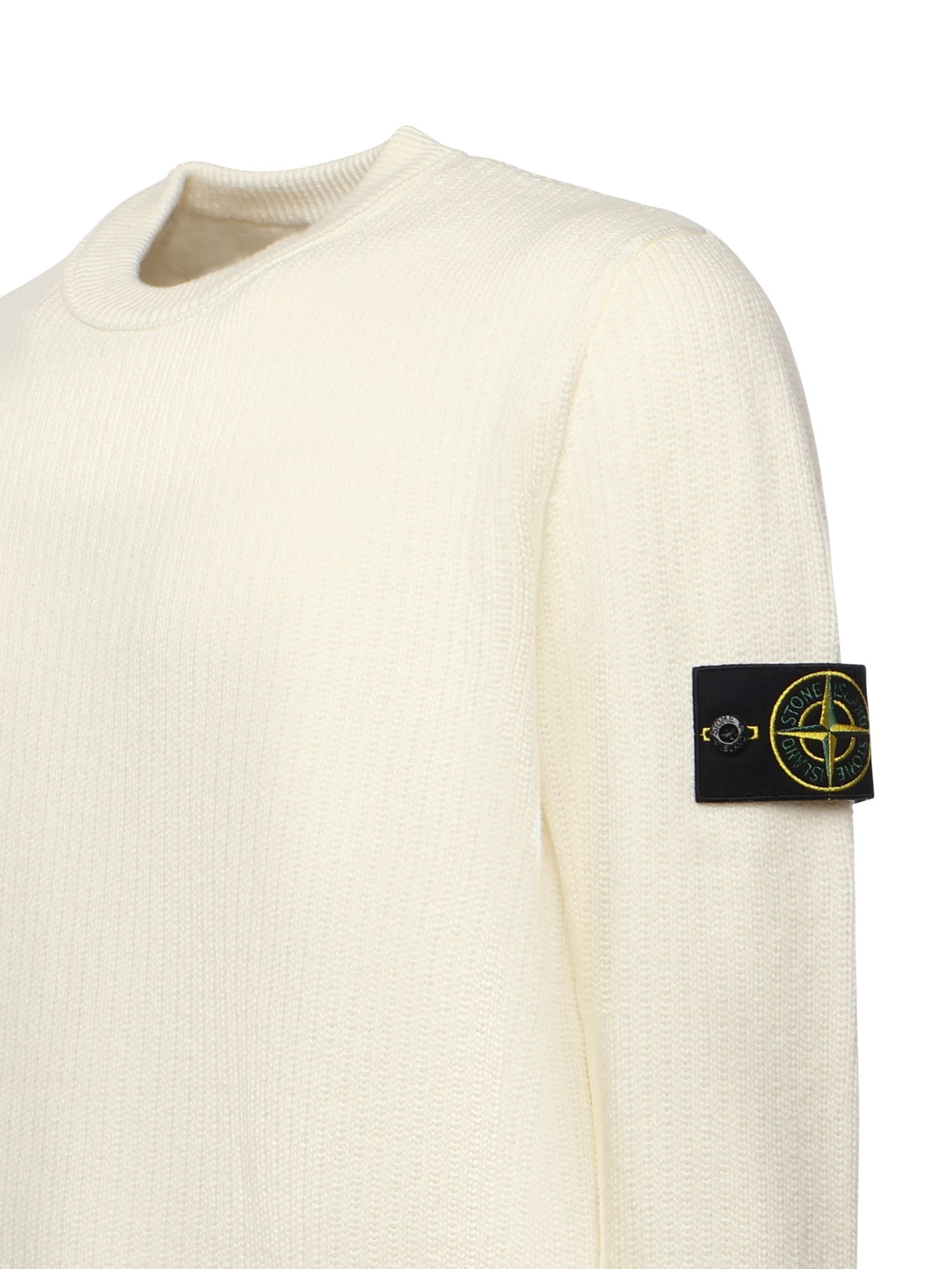 Stone Island Ivory Ribbed Knit Sweater With Crew Neckline In White