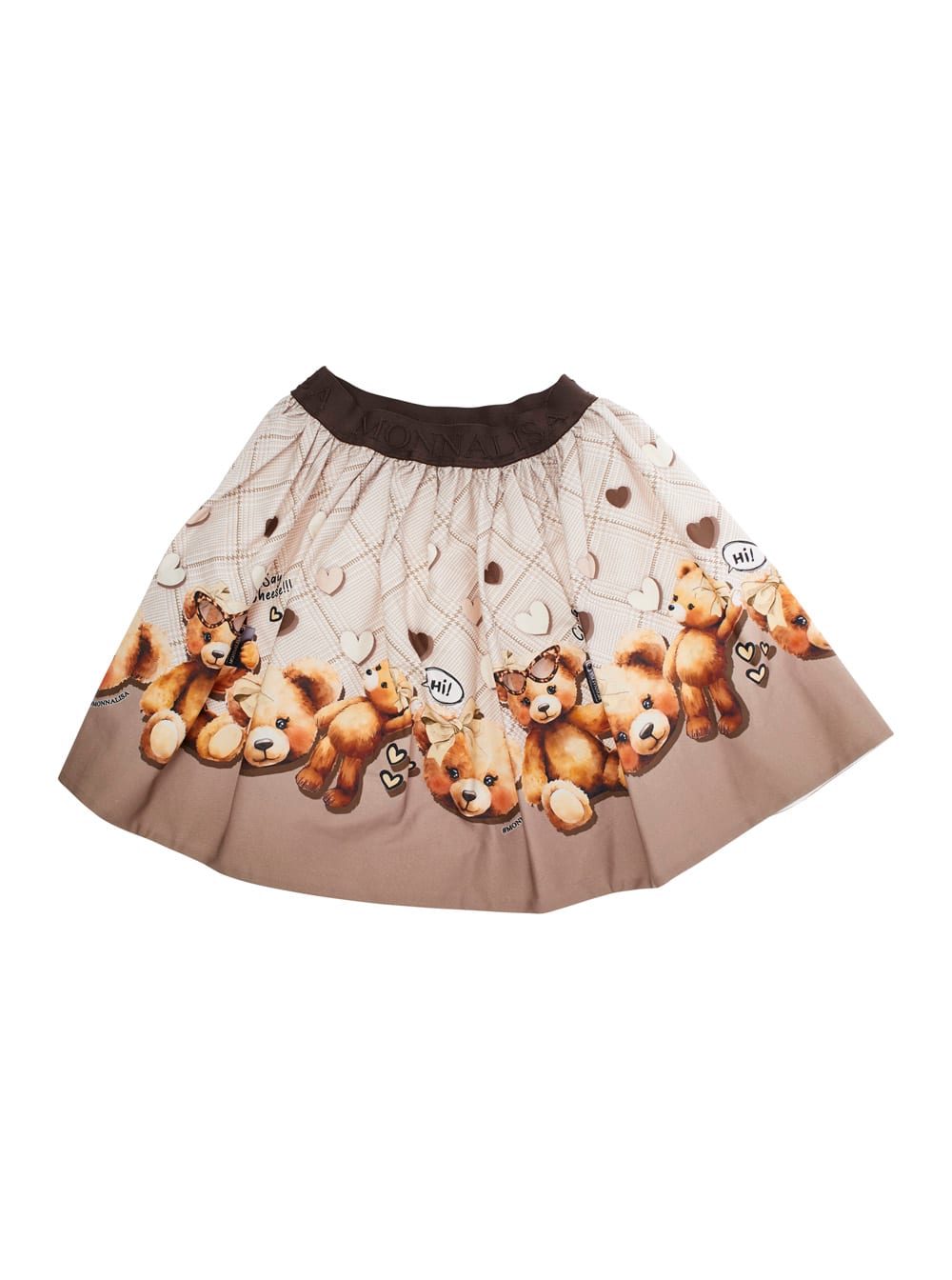 Monnalisa Beige Skirt With Elastic Waist With Logo Lettering And All-over Print In Cotton Stretch Girl In Multi