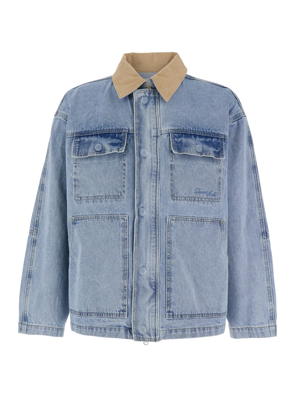 Light Blue Jacket With Contrast Collar And Patch Pockets On The Chest In Cotton Man