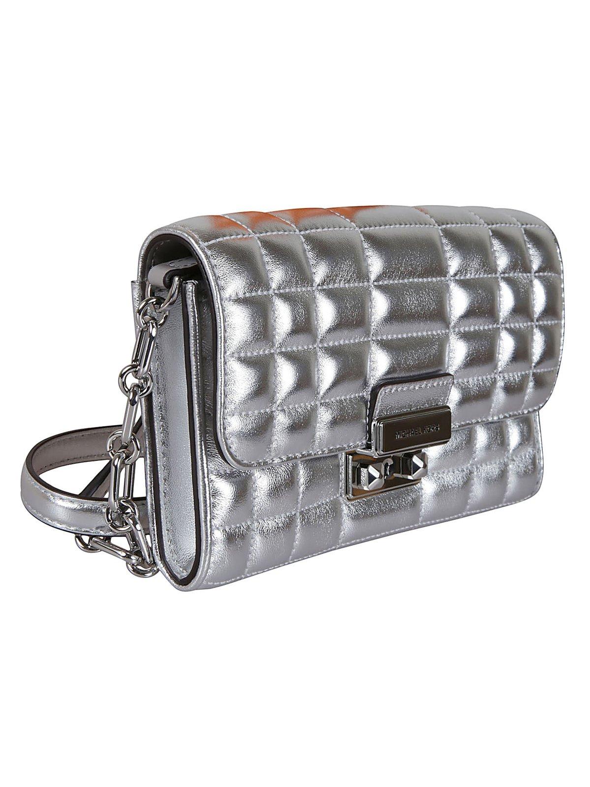 Shop Michael Kors Tribeca Large Metallic Crossbody Bag In Silver