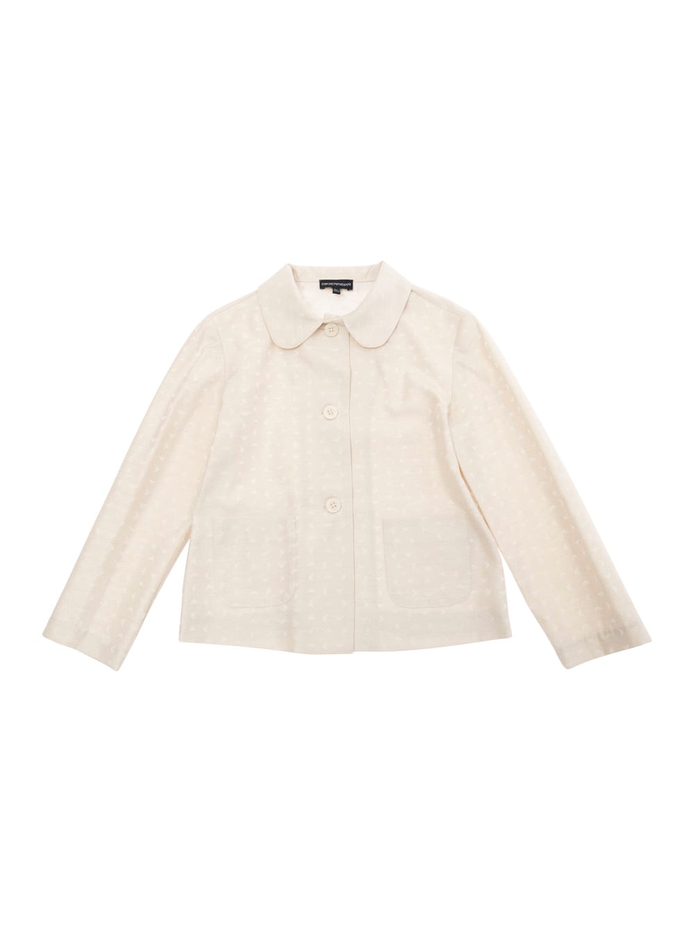 Shop Emporio Armani Beige Jacket With Peter Pan Collar And All-over Logo Embroidery In Tech Fabric Baby