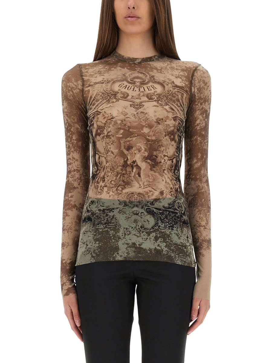Jean Paul Gaultier Sheer Medallion Print Slim Fit Top In Brown
