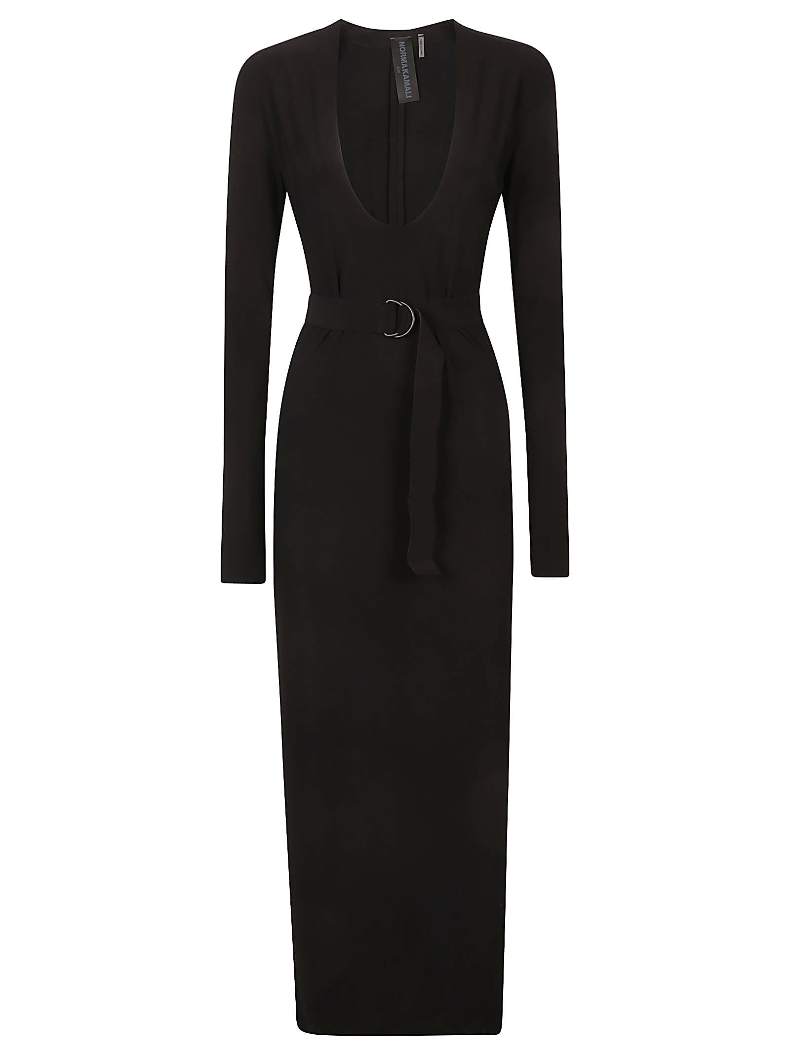 Shop Norma Kamali Long Sleeve U Neck Side Slit Dress In Black