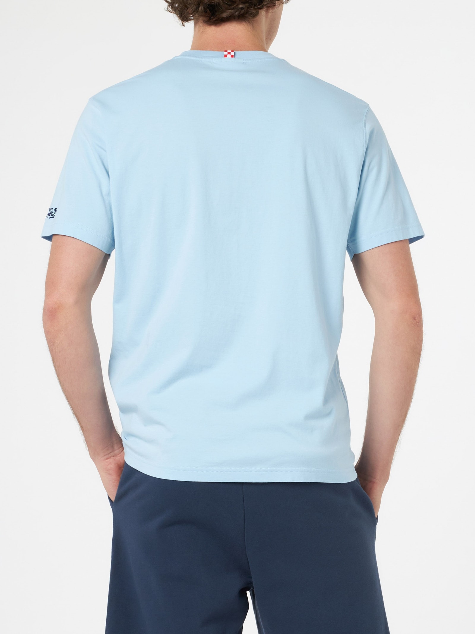 Mc2 Saint Barth Man Classic Fit Cotton Jersey T-shirt Portofino With Mi Fai Volare Embroidery In Sky