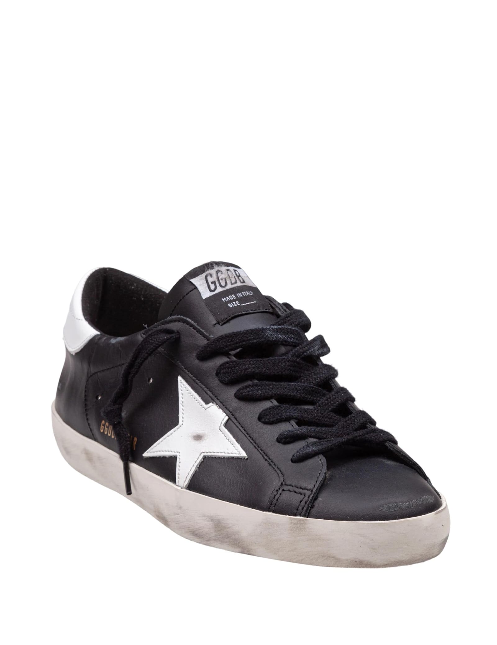 Golden Goose 'super-star' Black Low Top Sneakers With Logo Patch And Suede Details In Leather Man In Black