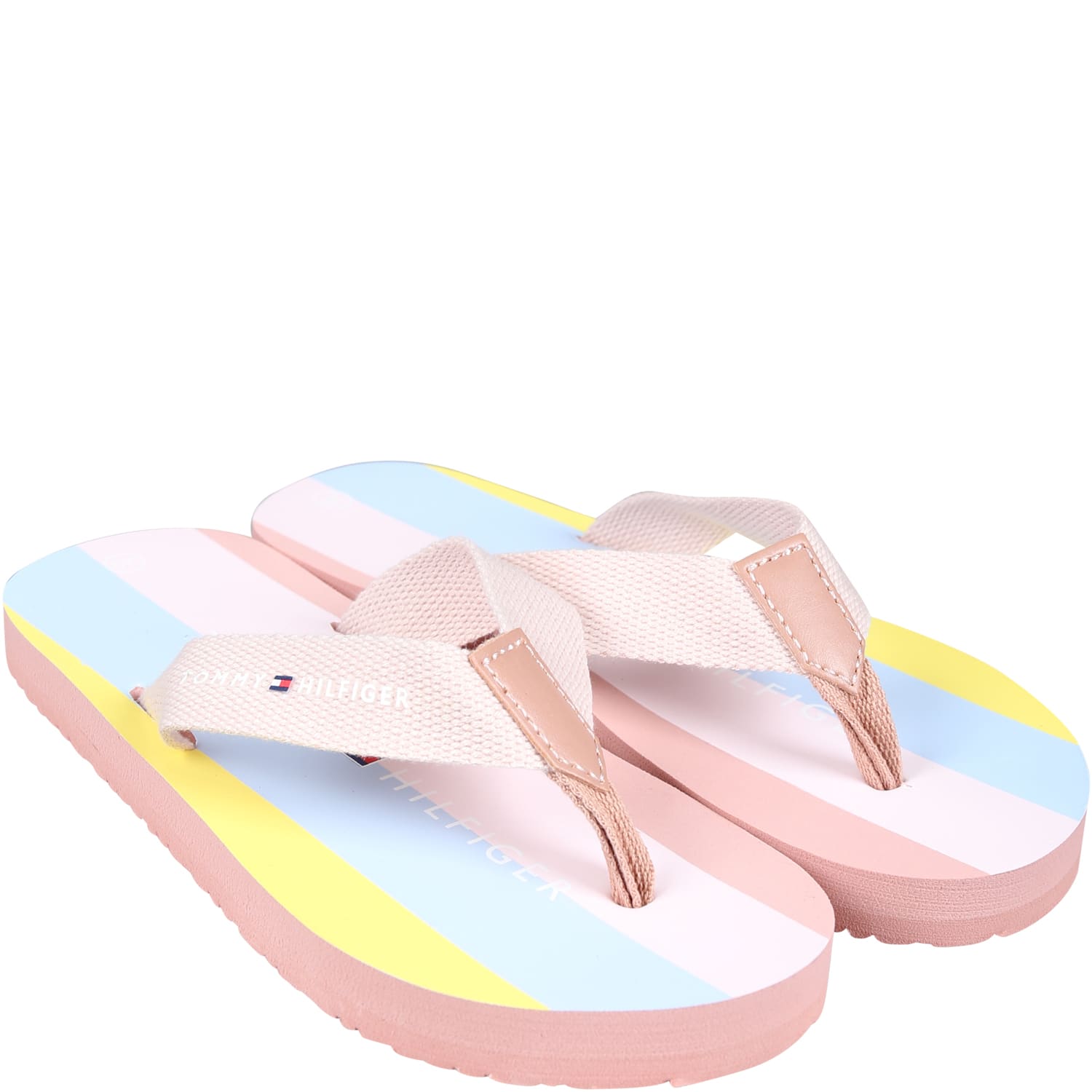 Shop Tommy Hilfiger Pink Flip Flops For Girl With Logo And Flag In Multicolor