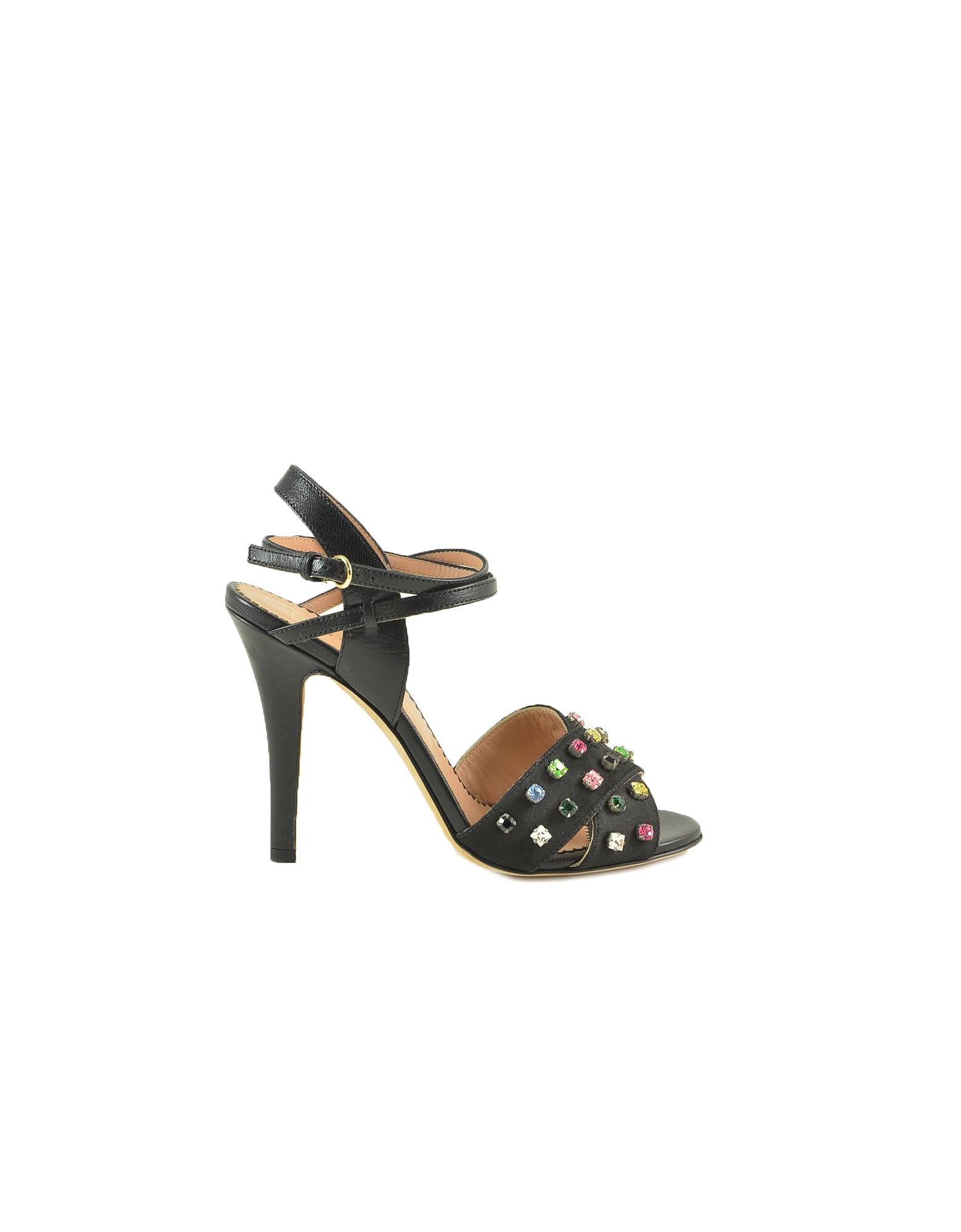 Red Valentino Black Leather High Heel Sandals W/multicolor Crystals