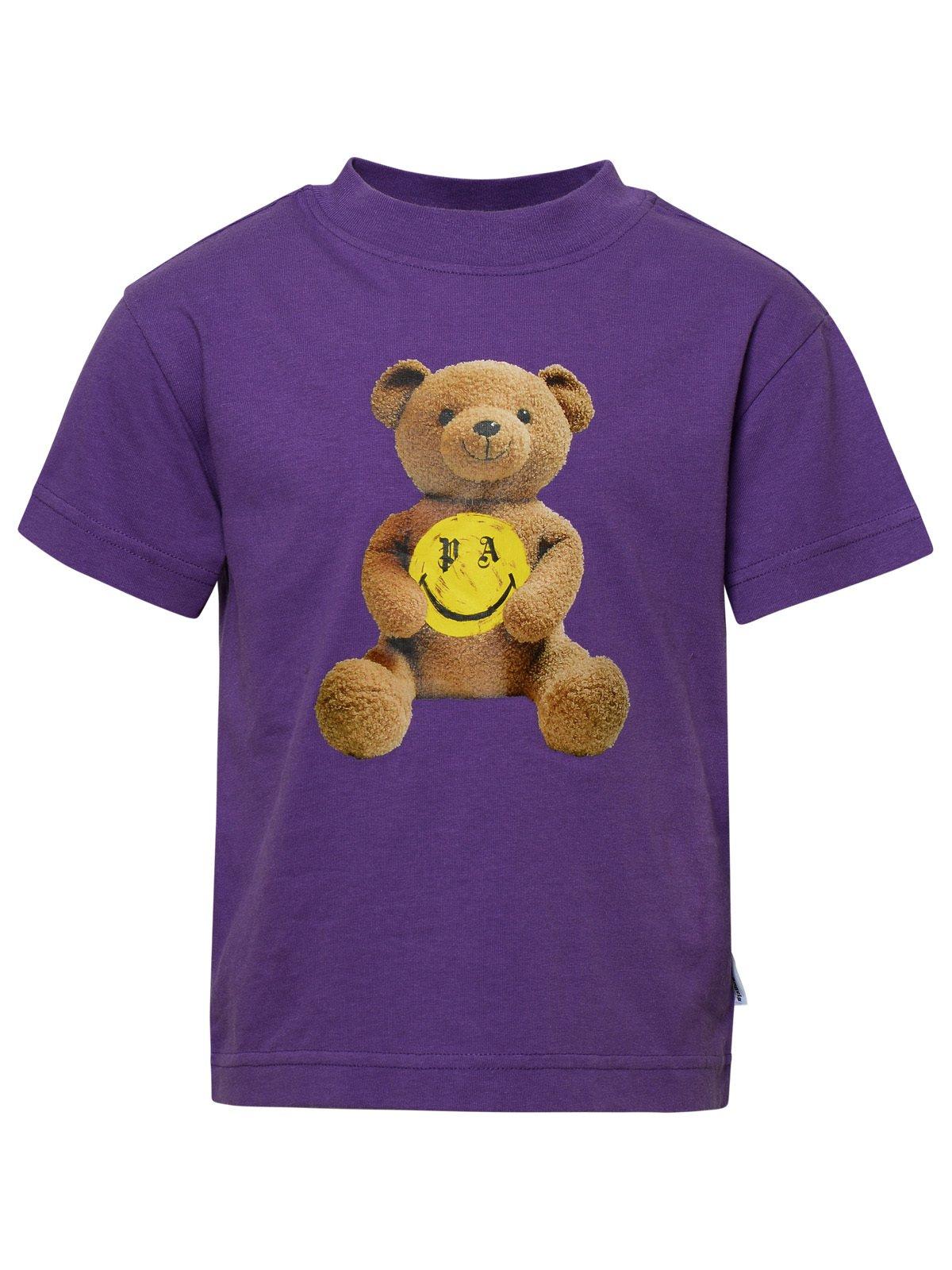 Palm Angels Kids' Smiley Bear Crewneck T-shirt In Violet