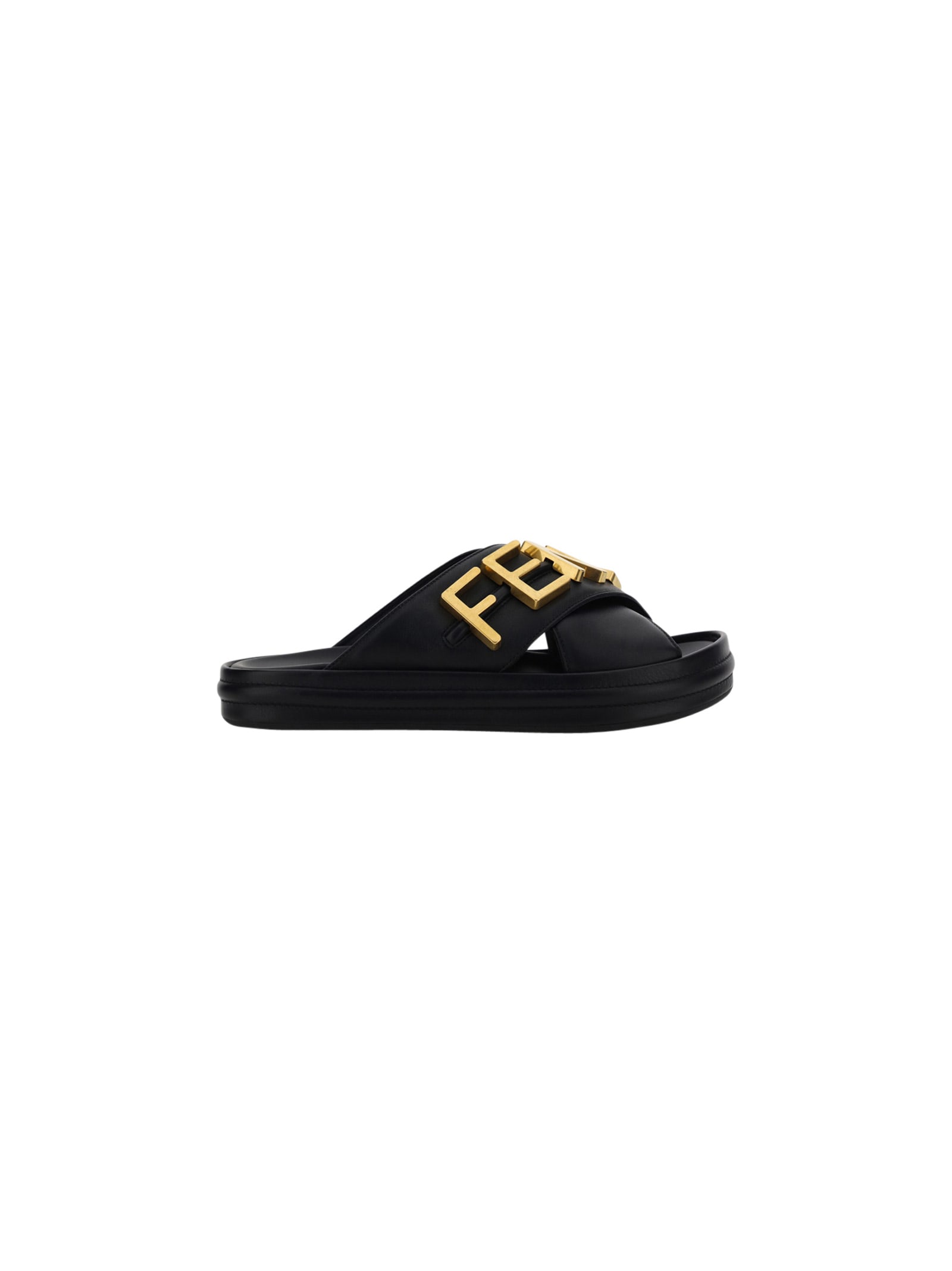 Fendi Logo-embellished Leather Slides In Nero/nero Oro