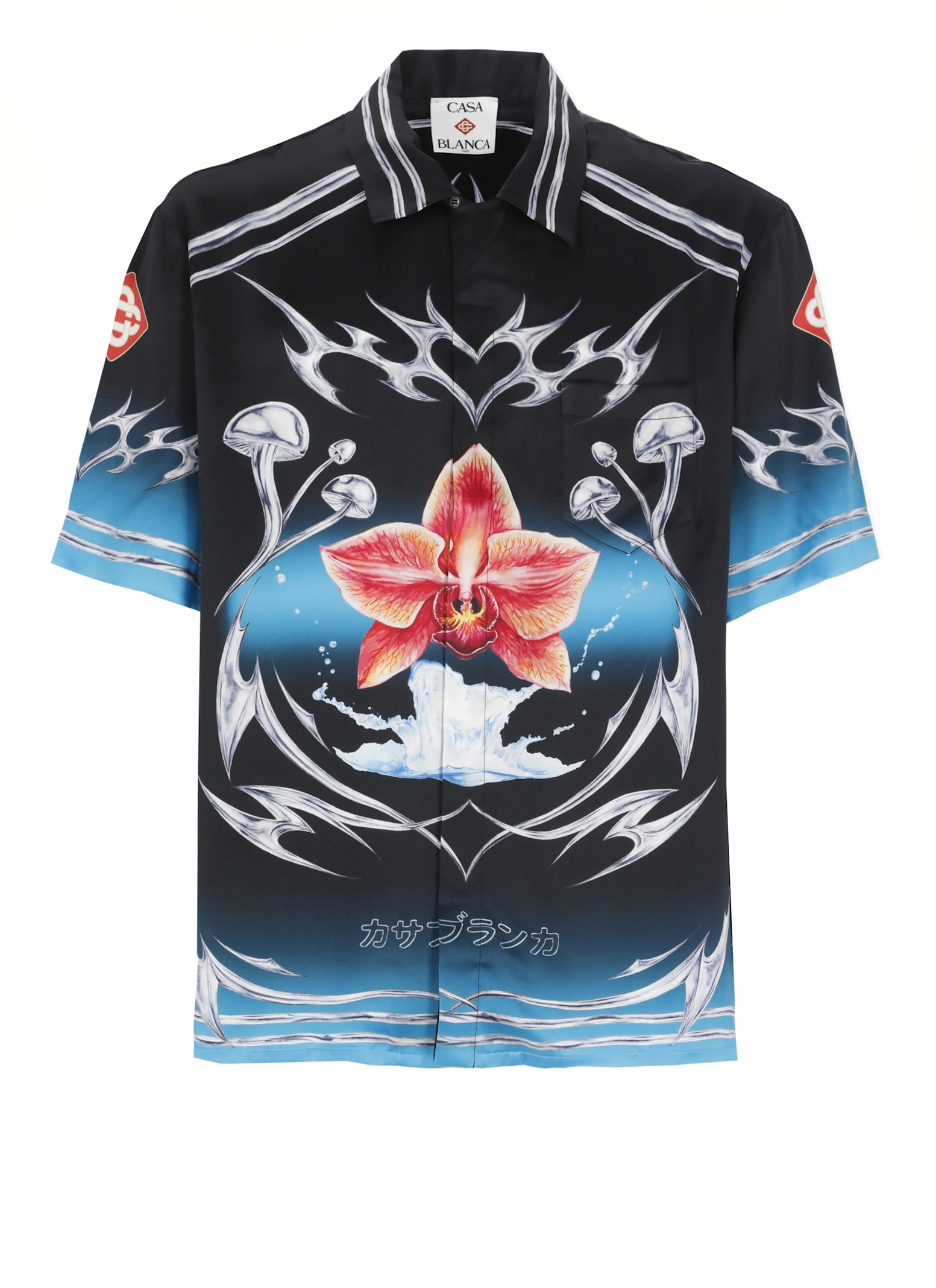 Casablanca Floral Graphic Short Sleeve Satin Top In Black