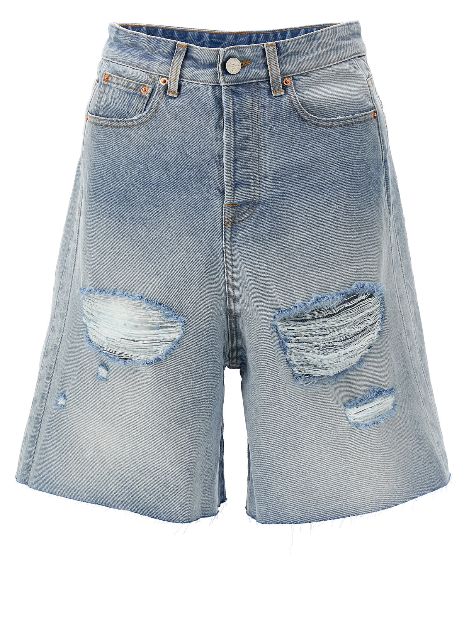 Shop Vetements Destroyed Baggy Bermuda Shorts In Light Blue
