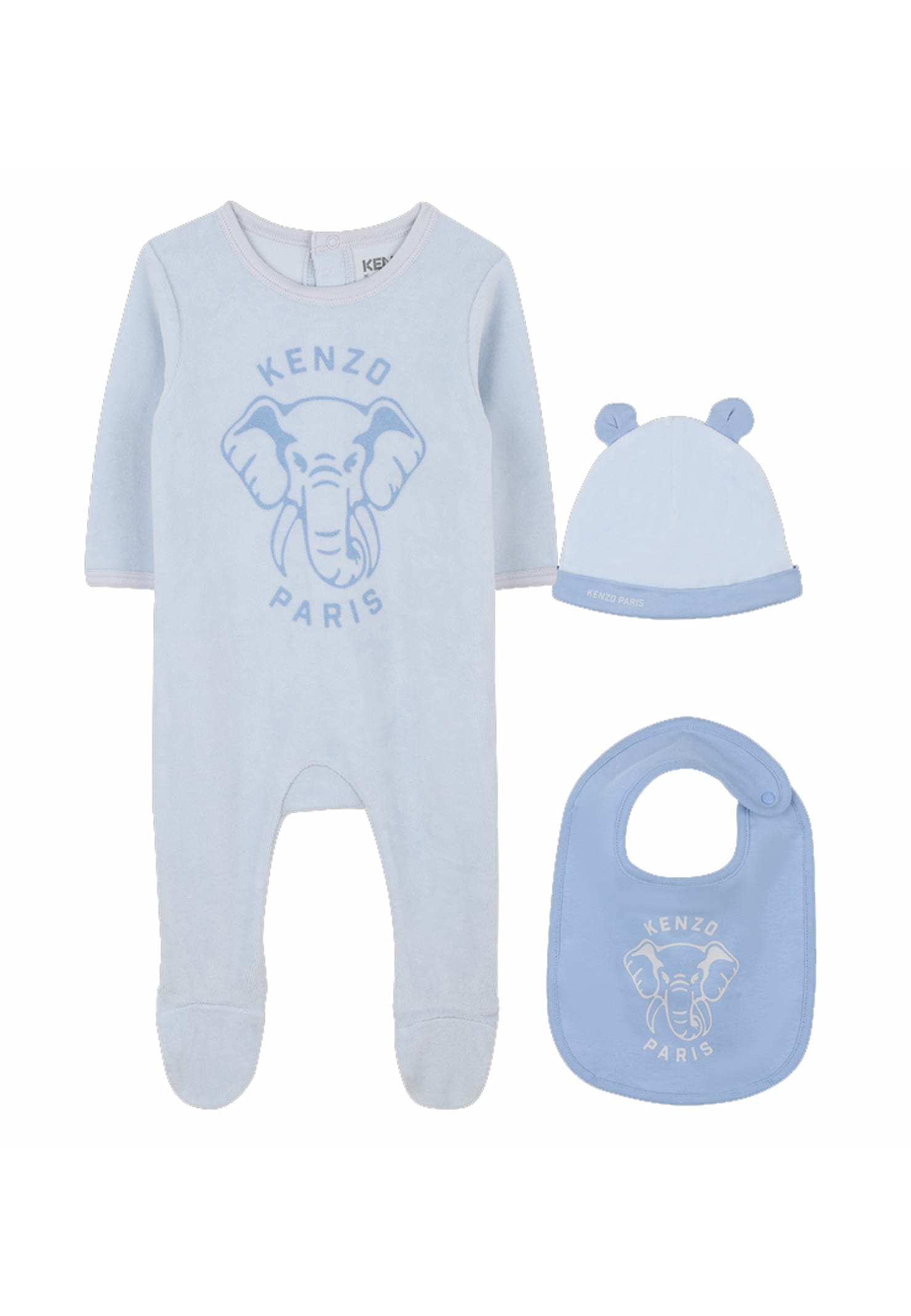 Kenzo Light Blue Babygrow Set For Baby Boy With Elephant In Gray