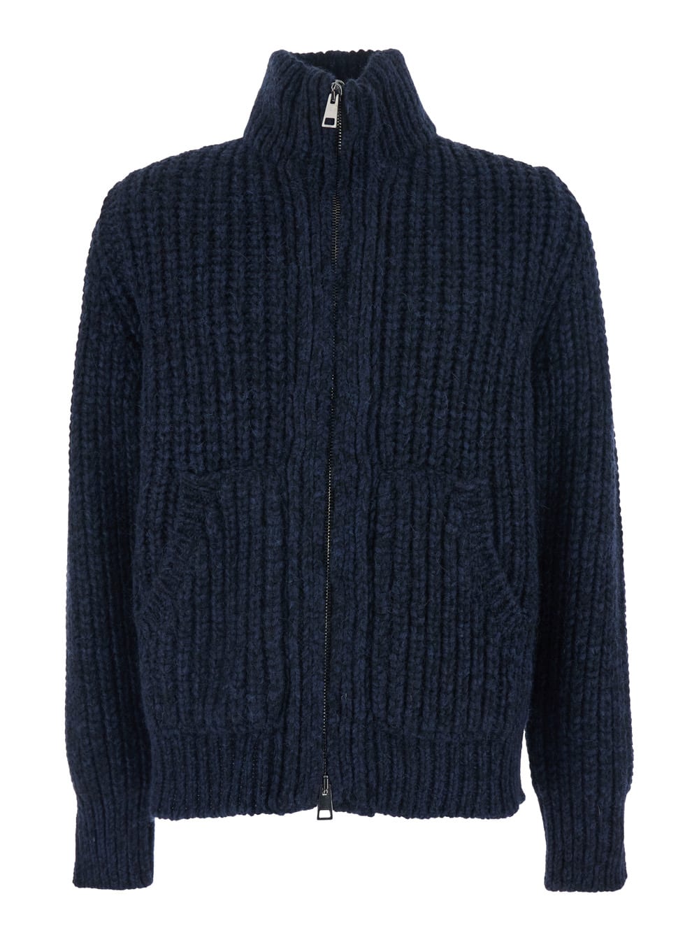 Roberto Collina Blue Jacket With High Neck And Front Zip Closure In Wool And Cashmere Blend Man In Animal Print