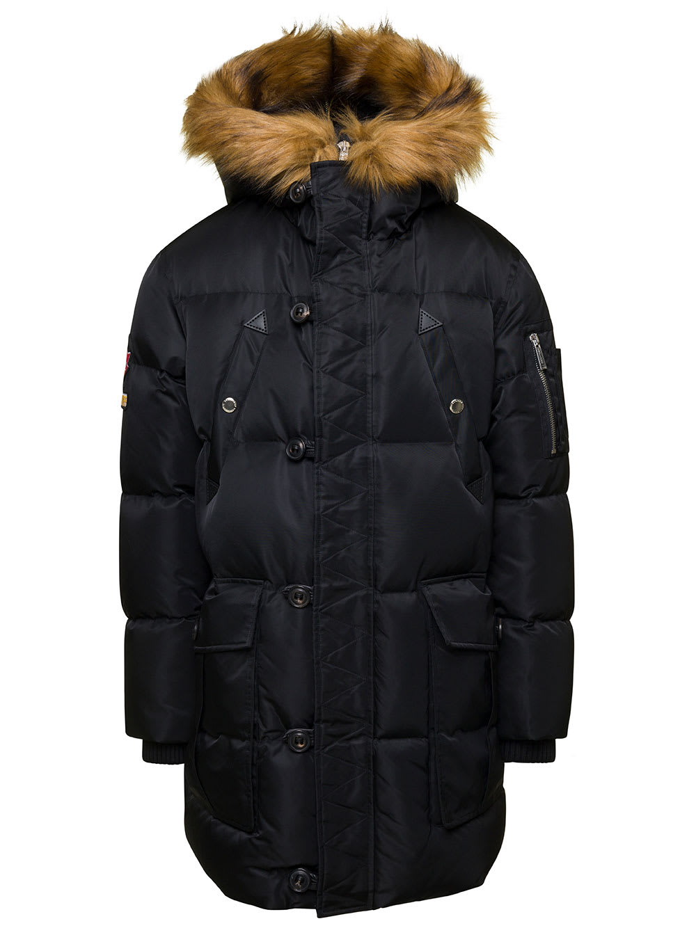 DSQUARED2 BLACK HOODED PARKA JACKET WITH LOGO PATCH IN NYLON MAN