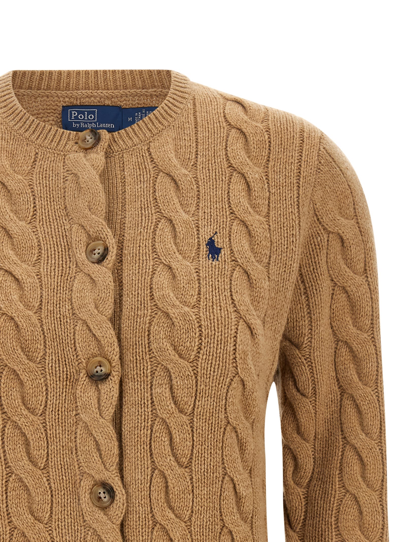 Polo Ralph Lauren Cropped Cable Knit Sweater With Button-down Front In Brown