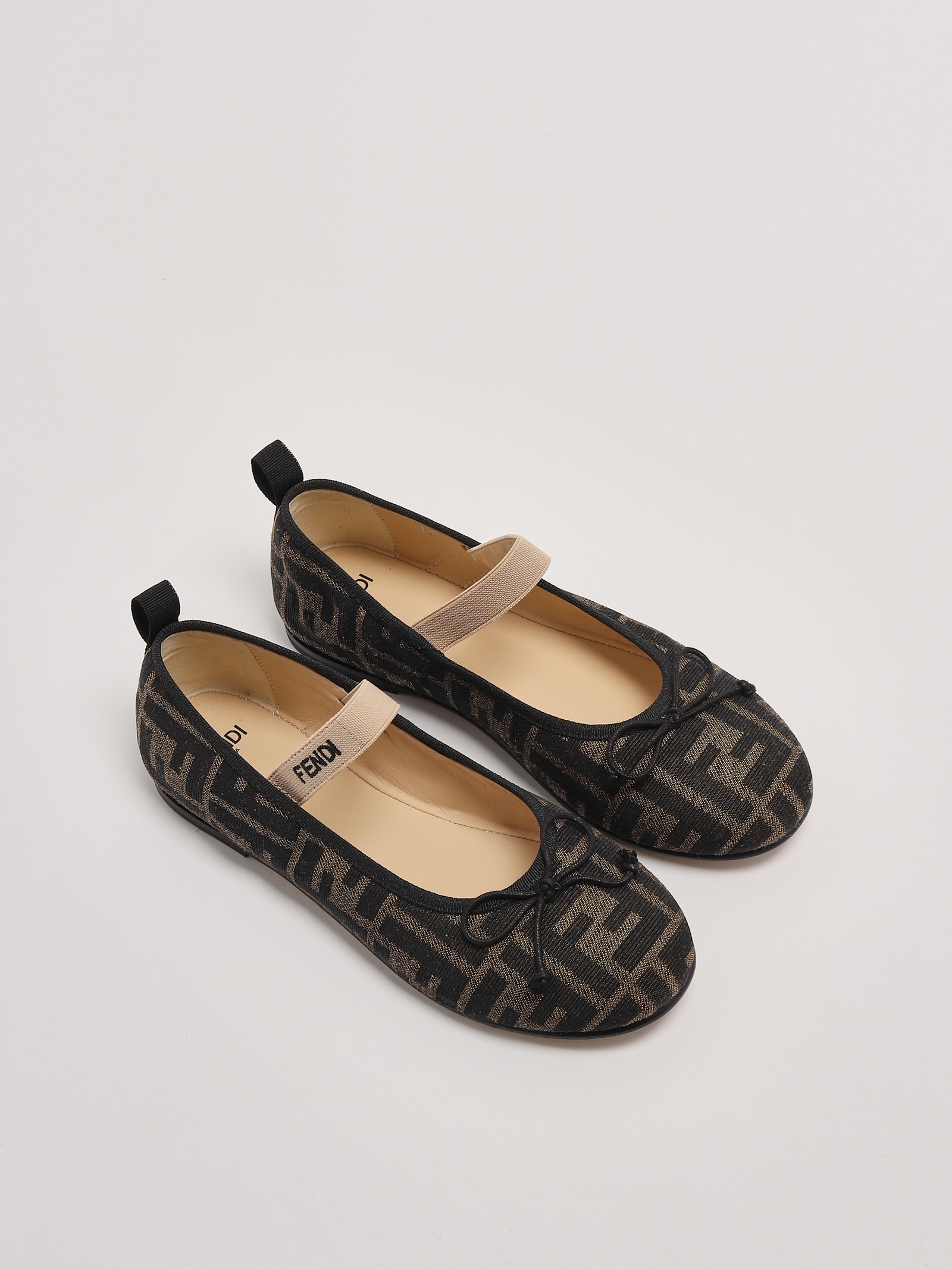 Fendi Ballet Flats For Girl With All-over Ff Logo In Tabacco-nero-nudo
