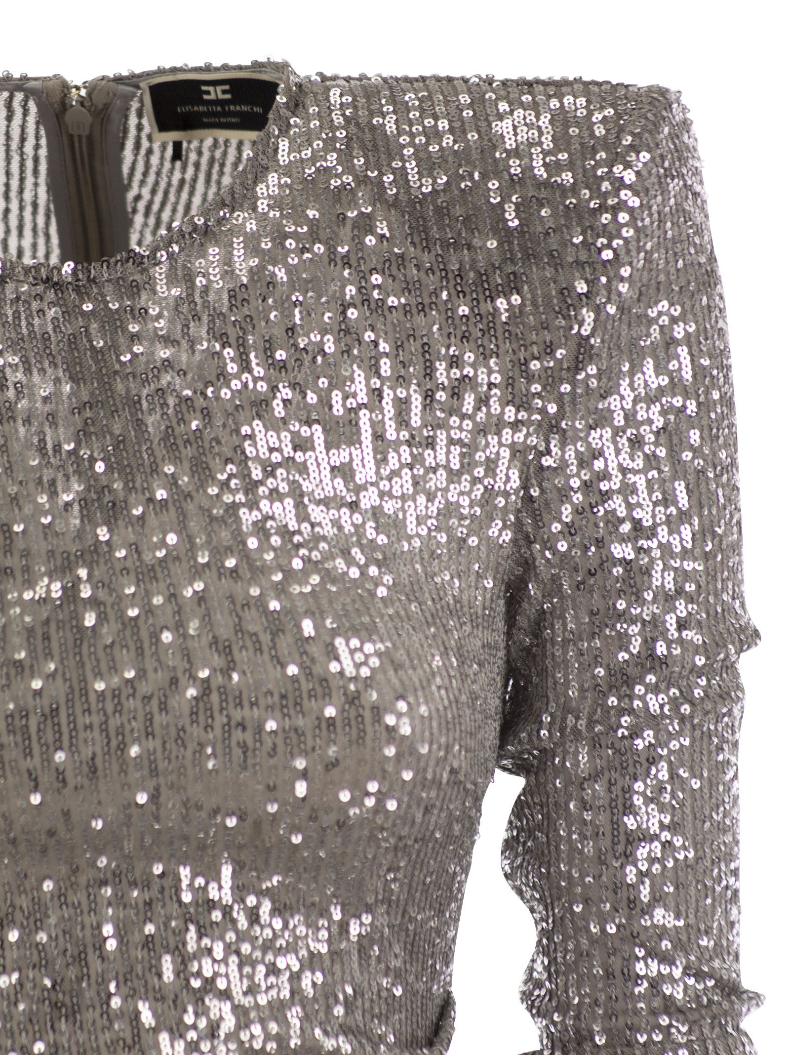 Shop Elisabetta Franchi Sequin Minidress With Asymmetric Skirt In Pearl