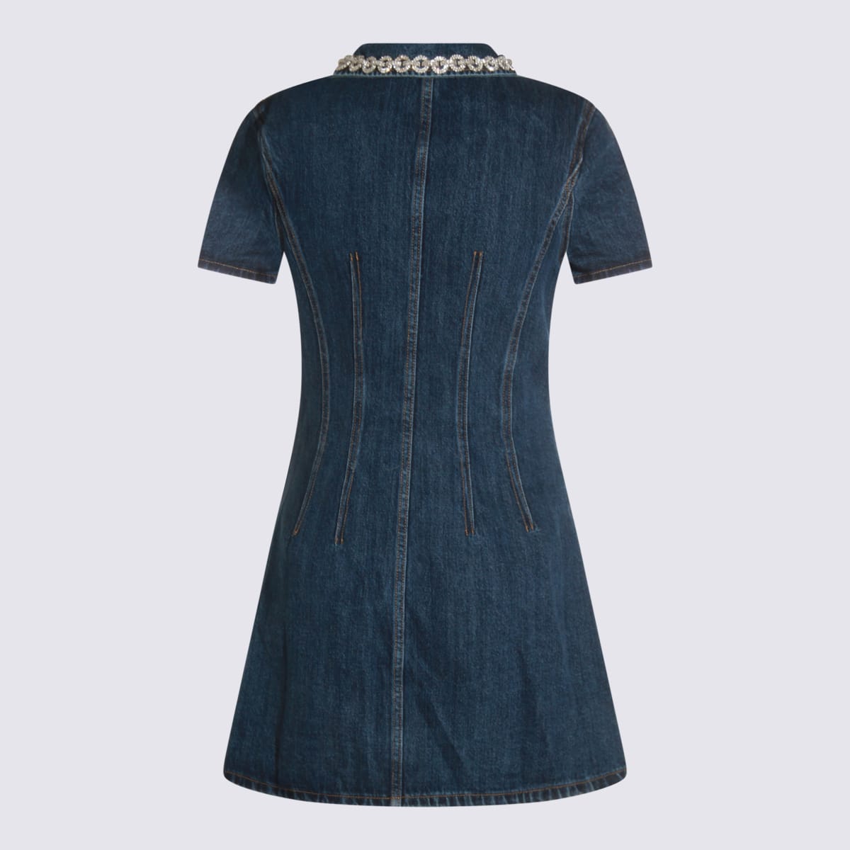 Self-portrait Denim Crystal Trim Collared Mini Dress In Blue