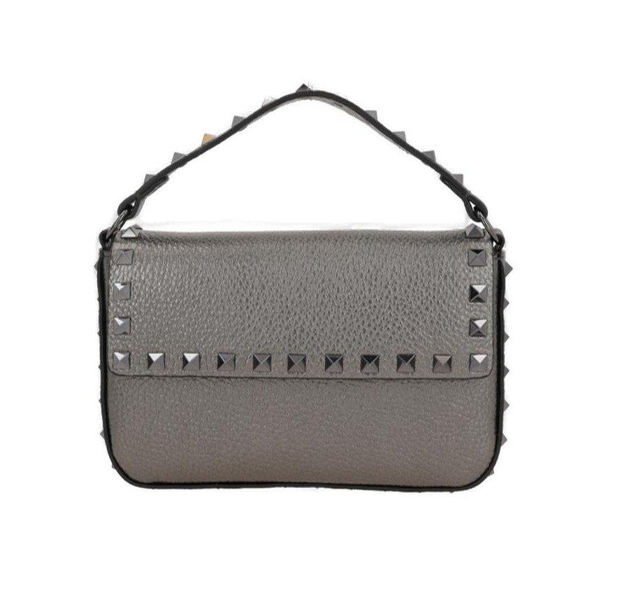 Shop Valentino Garavani Rockstud Foldover Top Clutch Bag In Grey