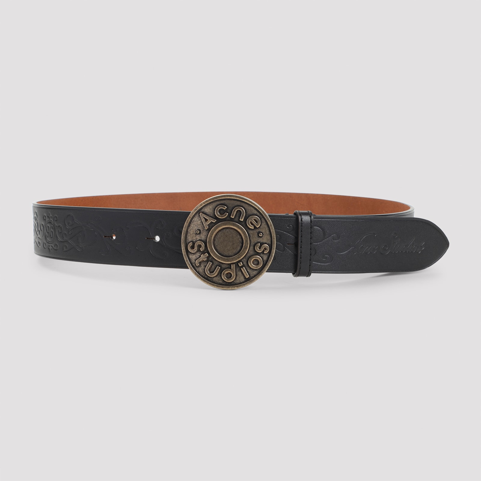 Acne Studios Embossed Black Calf Leather Belt With Aged Gold-tone Buckle In Black