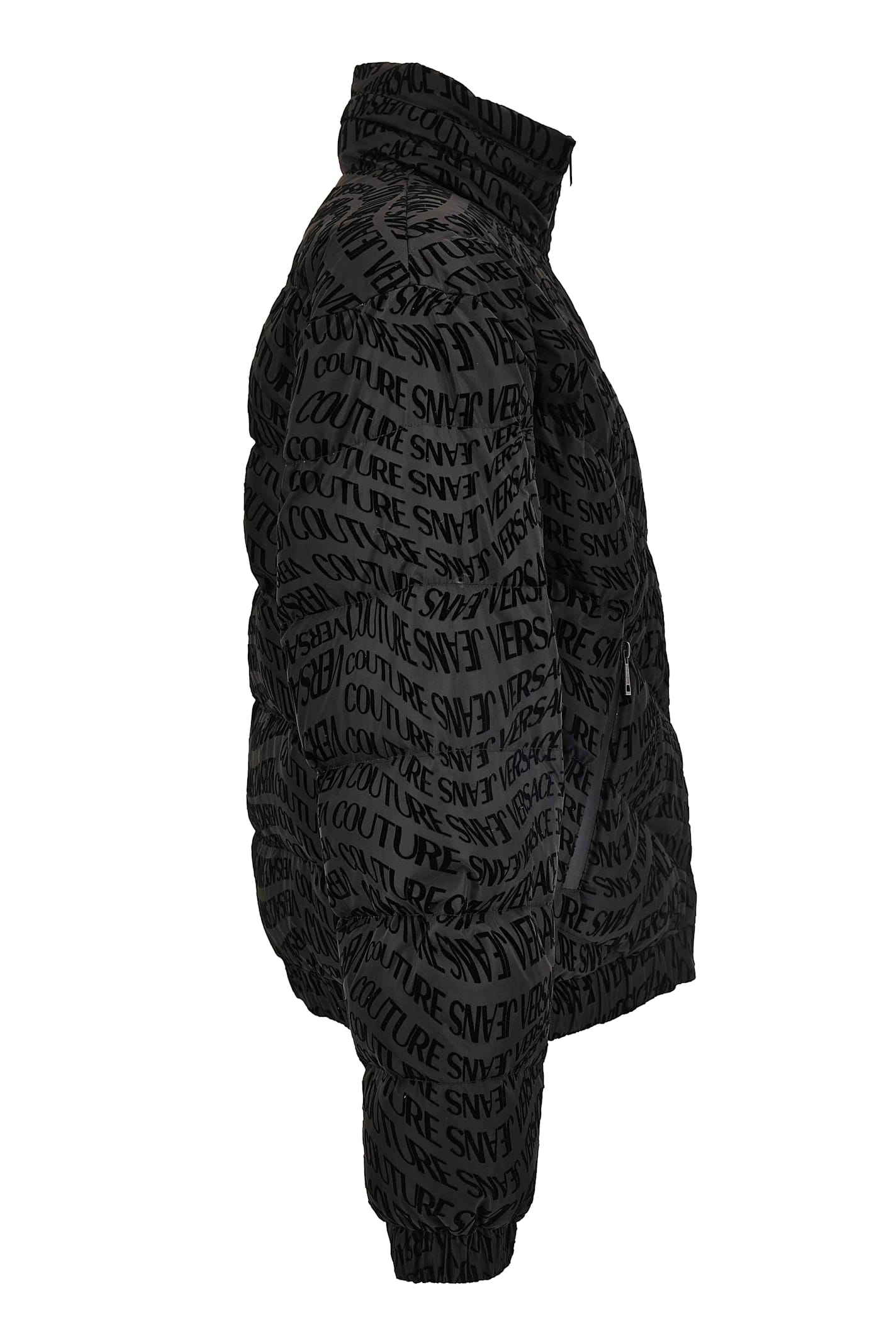 Versace Men S Short Down Jacket With All-over Logo In Black