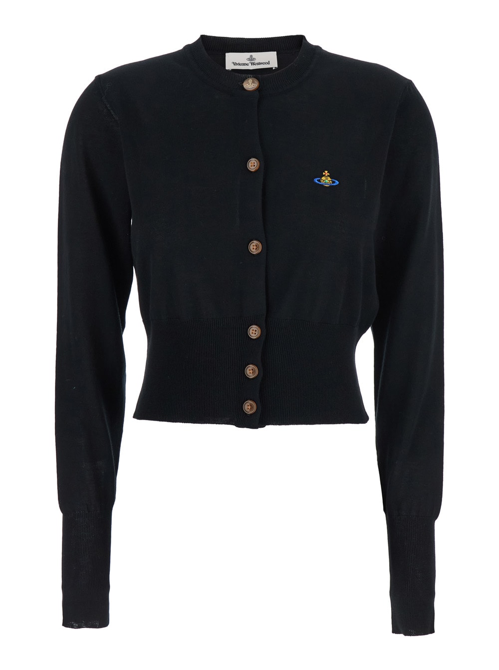 Vivienne Westwood Bea Black Cropped Cardigan With Round Neck And Front Orb Embroidery In Cotton Woman