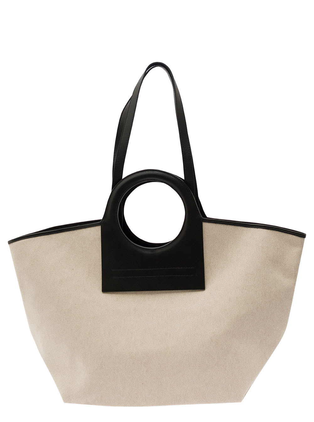 Shop Hereu Cala White And Black Handbag With Leather Handles In Canvas Woman In Beige