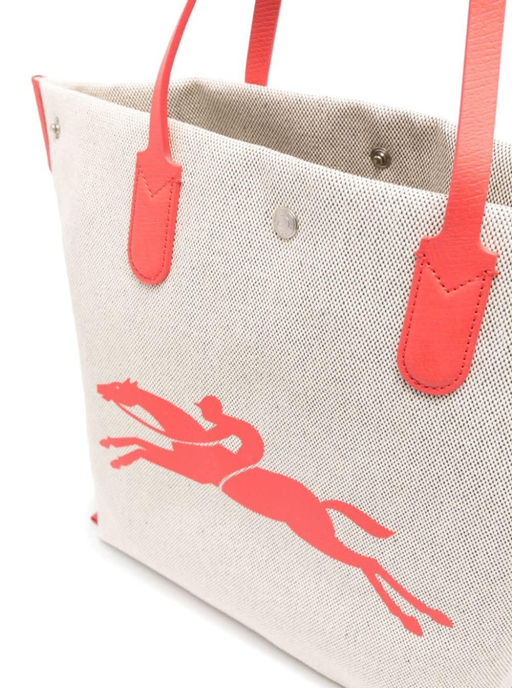 Shop Longchamp Roseau Beige Tote Bag With Logo Print In Cotton Canvas Woman
