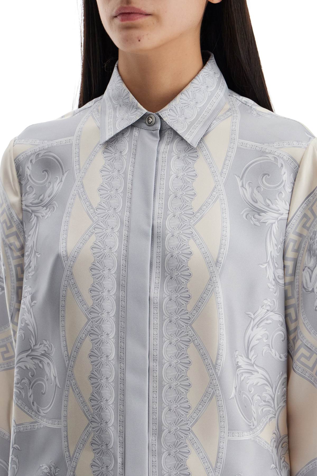 Shop Versace Silk Shirt The Cut Of The Gods In Silver Grey+champagne
