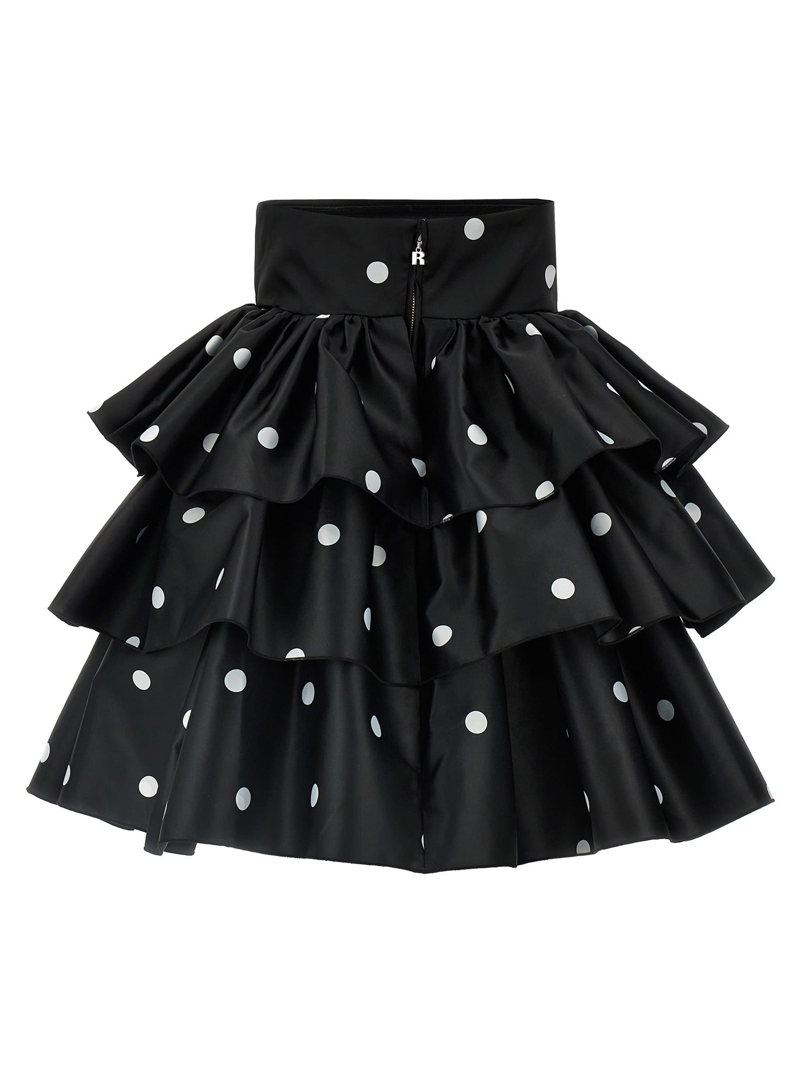 Rotate Birger Christensen Satin Ruffle Tiered Polka Dot Dress In Black