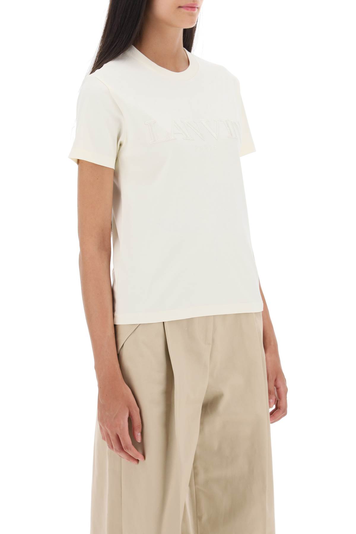 Shop Lanvin Logo Embroidered T-shirt In Crema