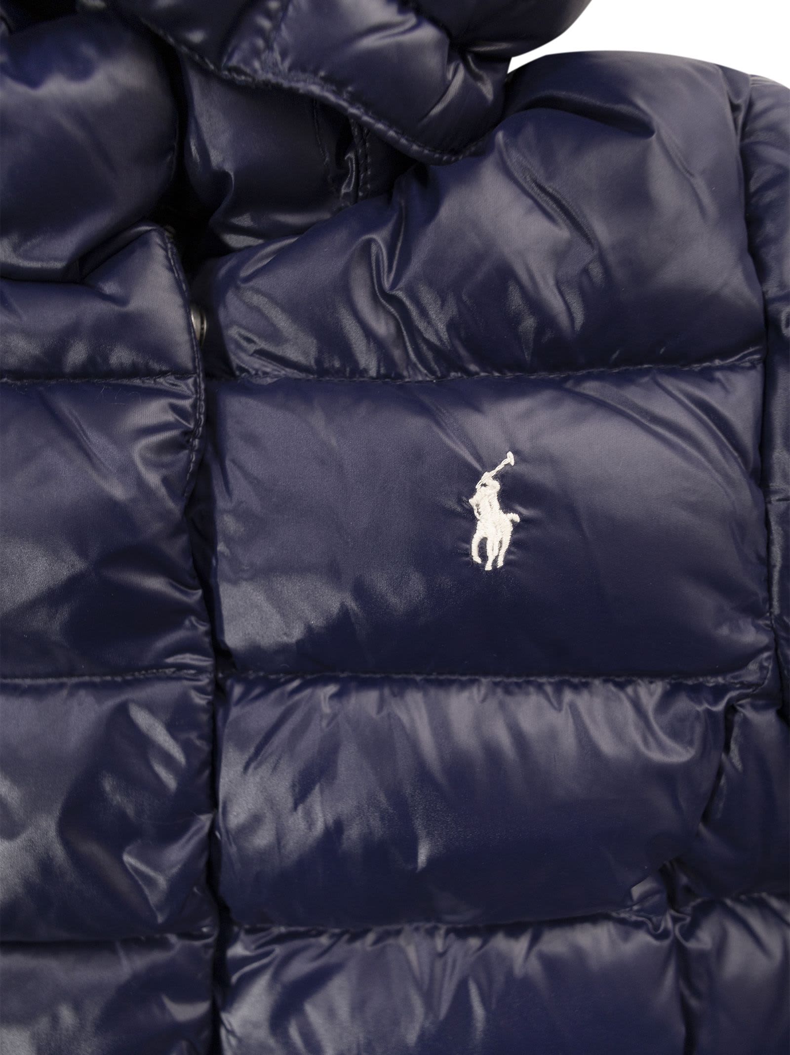 Polo Ralph Lauren Peplum Down Jacket With Hood In Navy