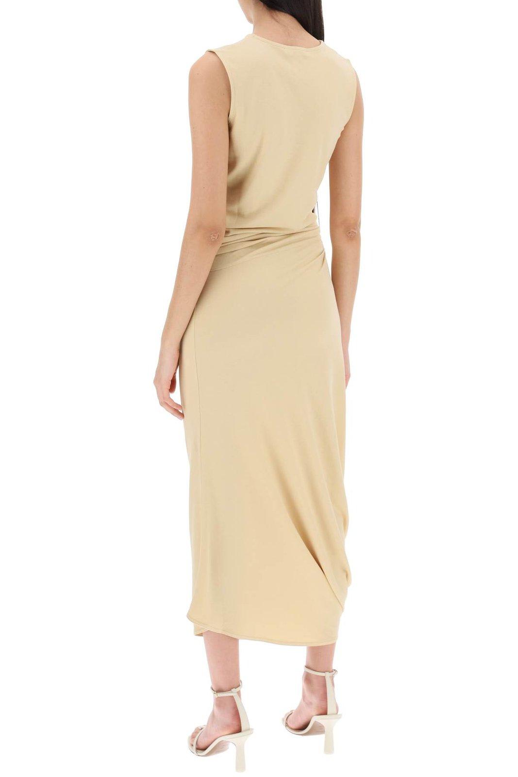 Shop Lemaire Sleeveless Draped Crepe Maxi Dress In Soft Sand