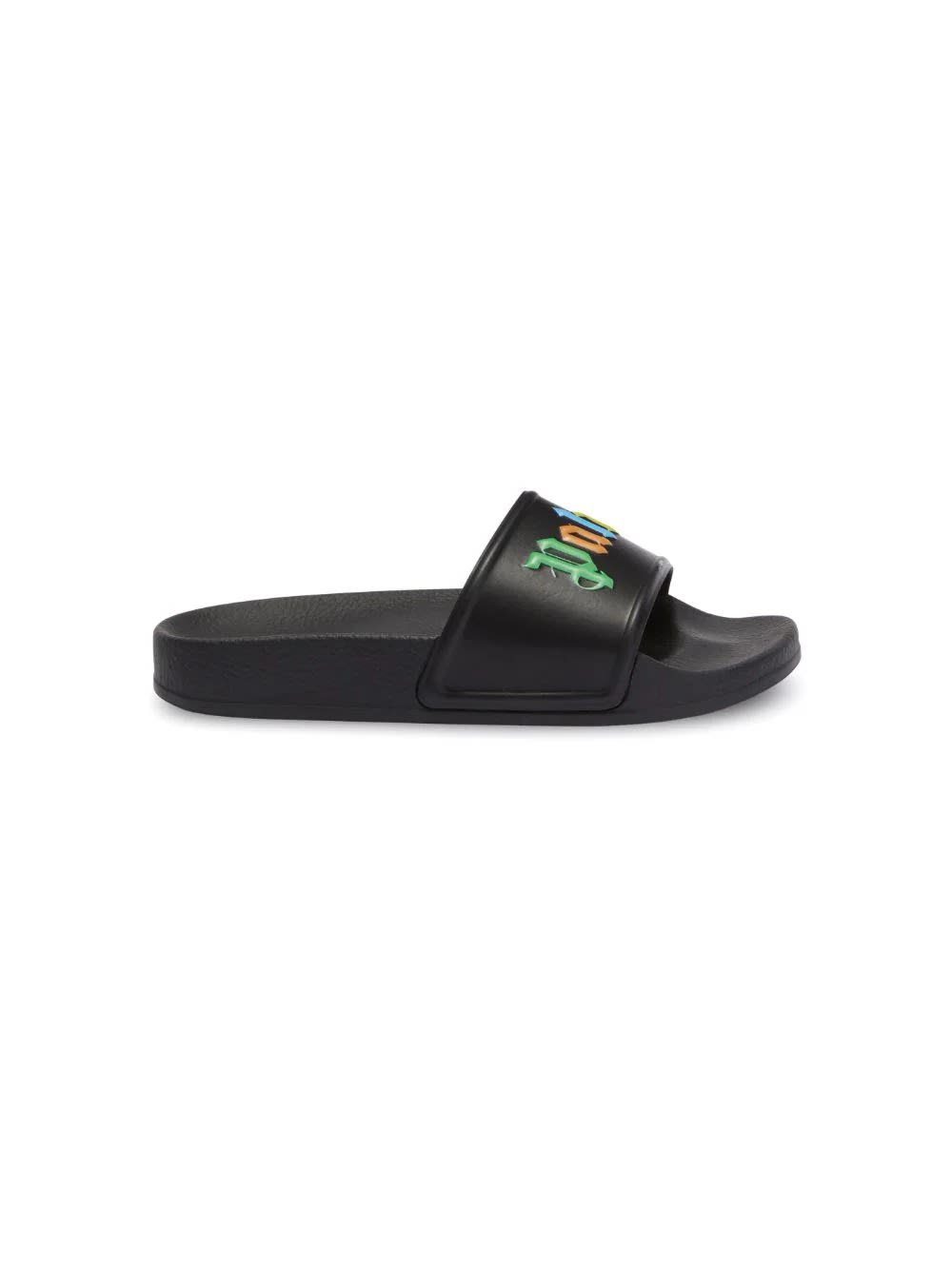 Shop Palm Angels Black Slippers With Multicoloured Logo