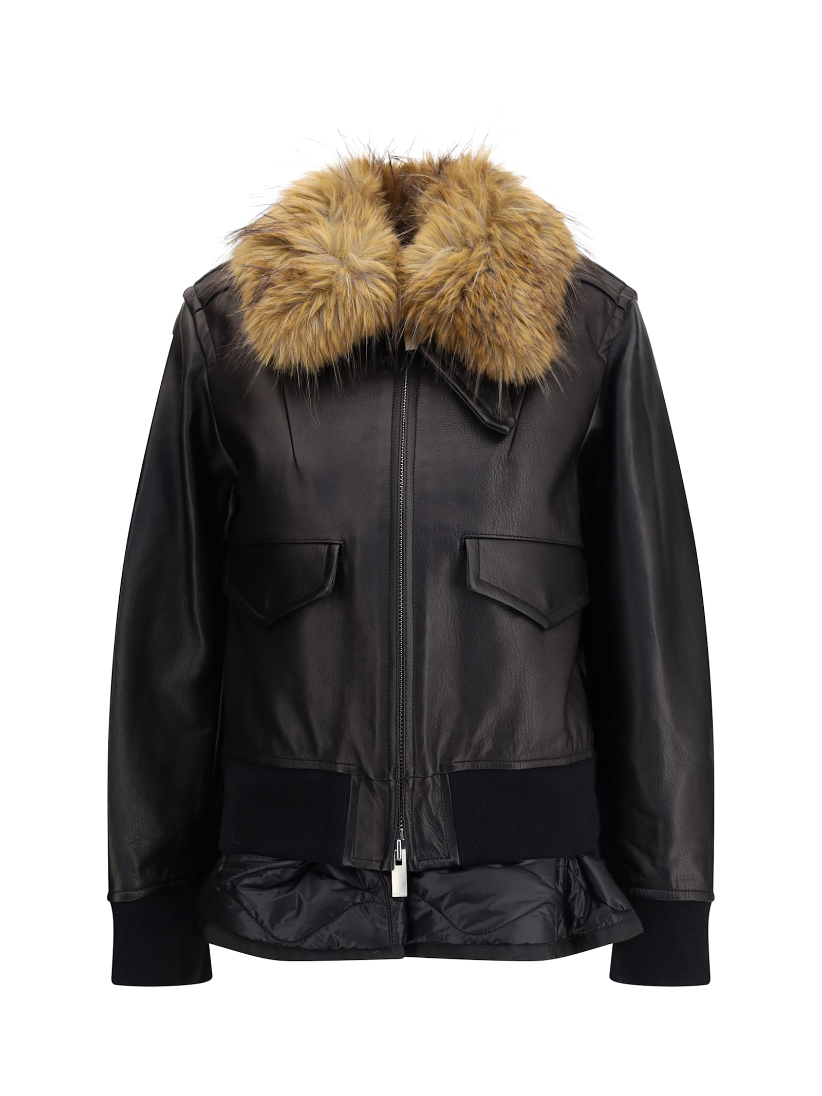 Sacai Leather Jacket With A Plush Collar In Black