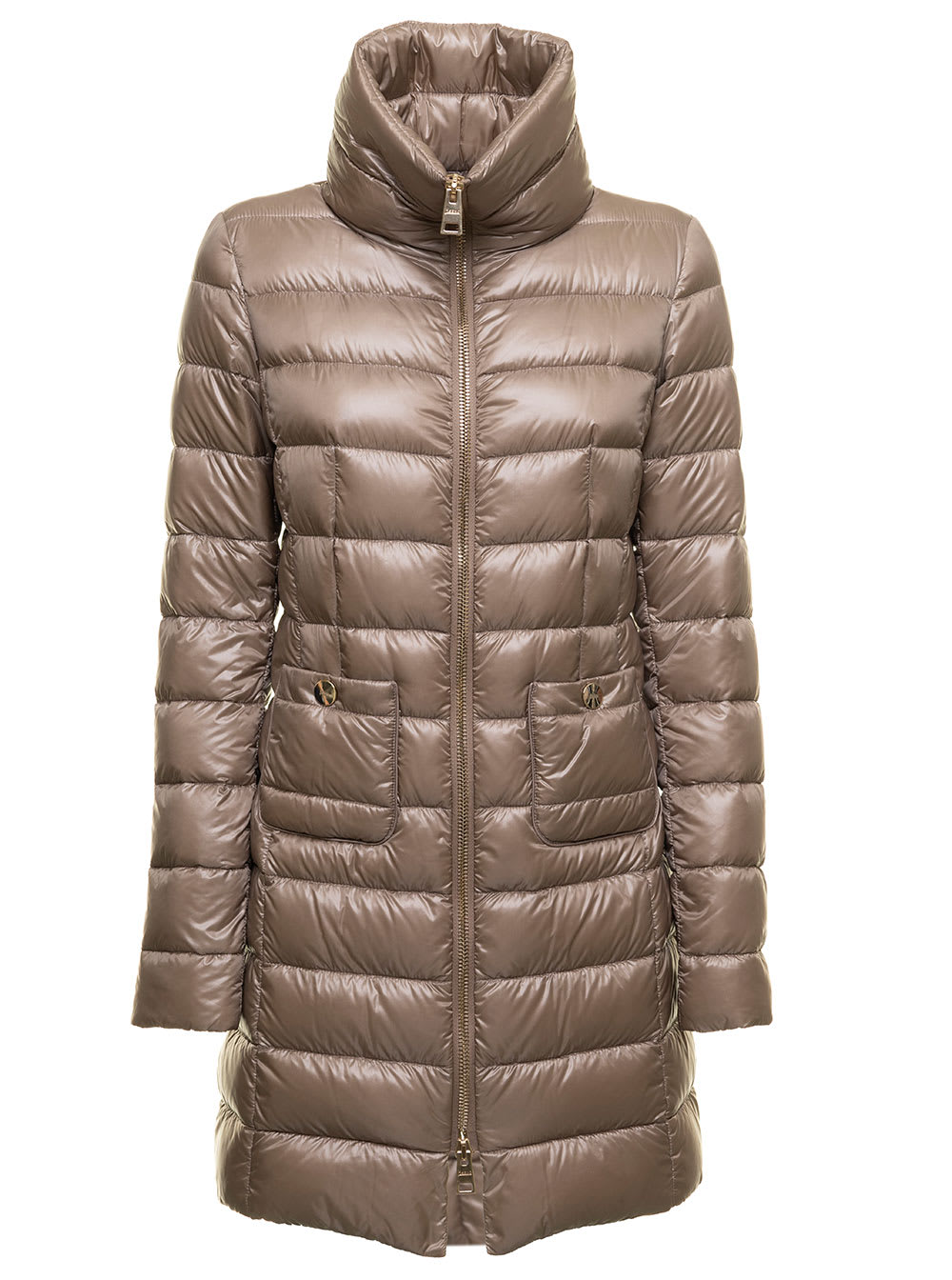 Herno Womans Maria Taupe Color Quilted Nylon Long Down Jacket In Brown