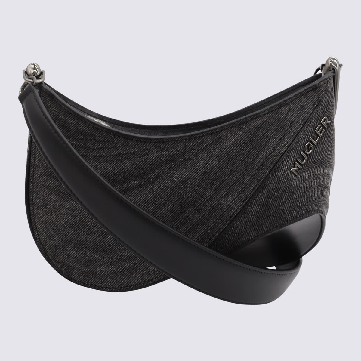 Mugler Washed Black Leather Curve Shoulder Bag