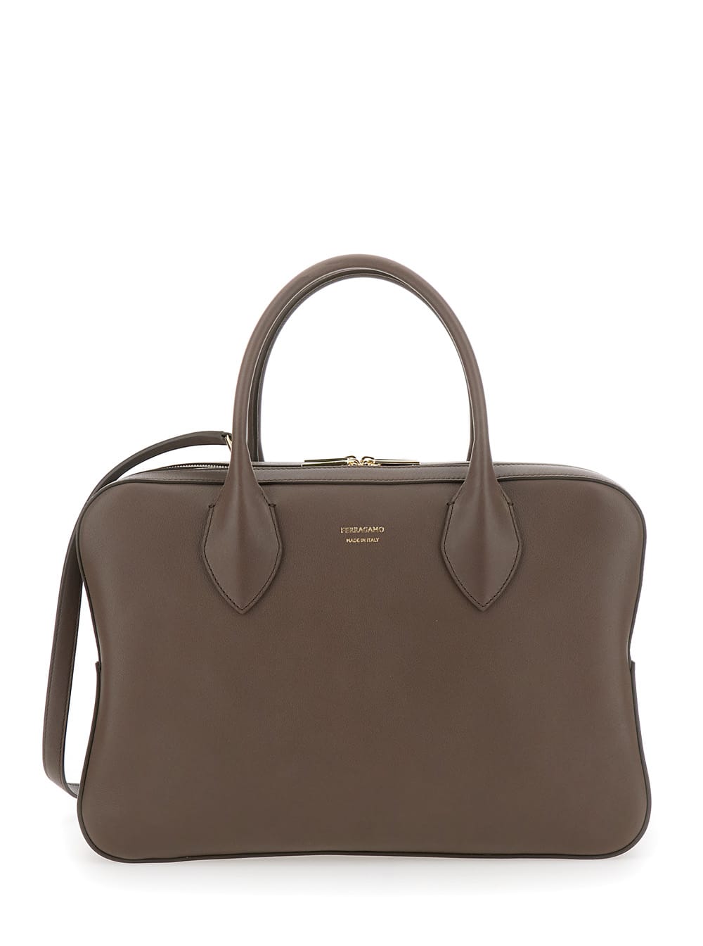 Brown Handbag With Three Zips And Logo Printed On The Front In Leather Woman